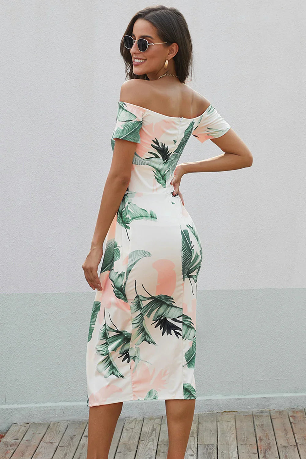 Printed Off-Shoulder Split Dress - Southern Shores Clothing