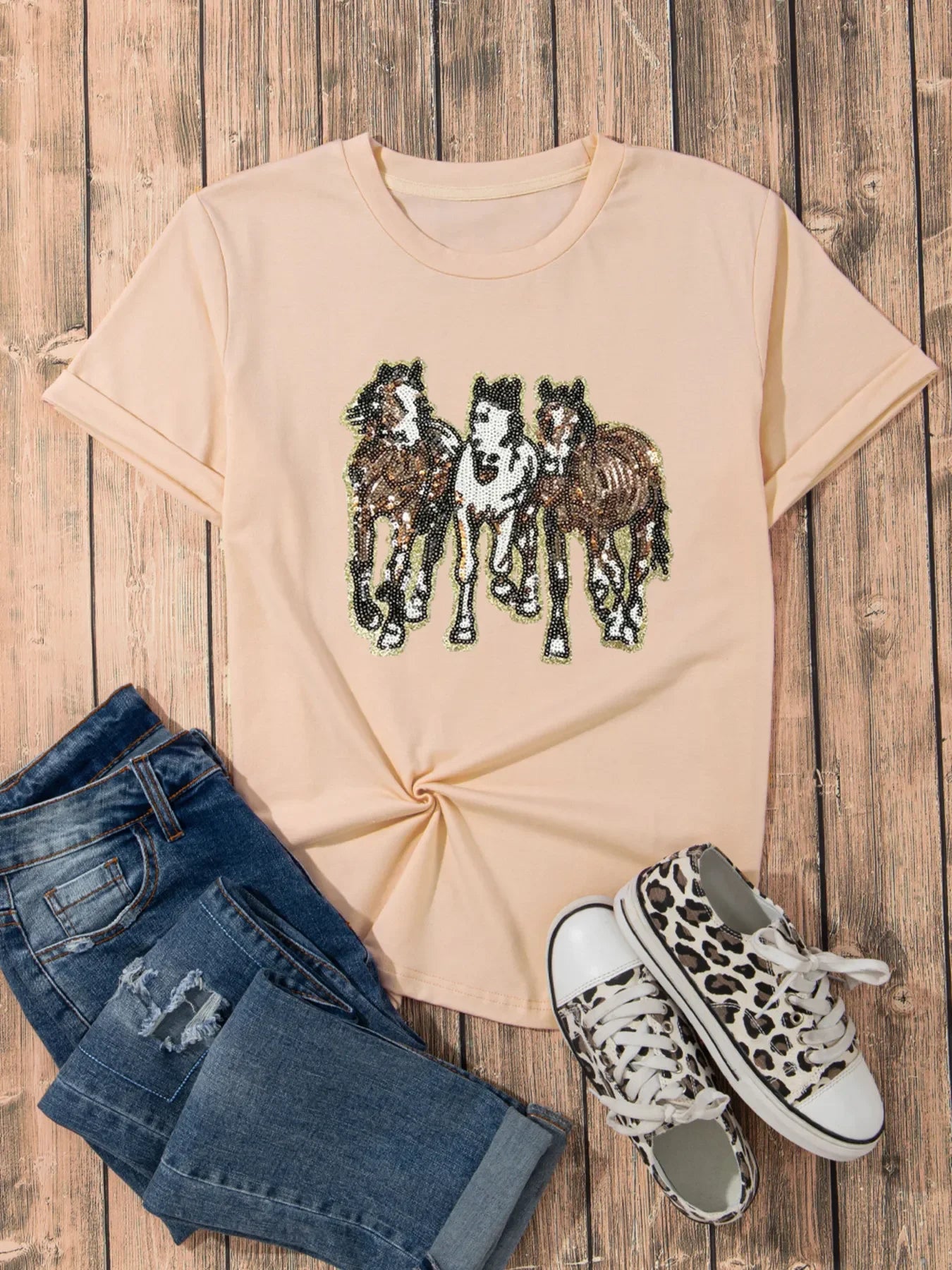 Sequin Horses Patched Casual Crewneck T Shirt With Stretch - Southern Shores Clothing