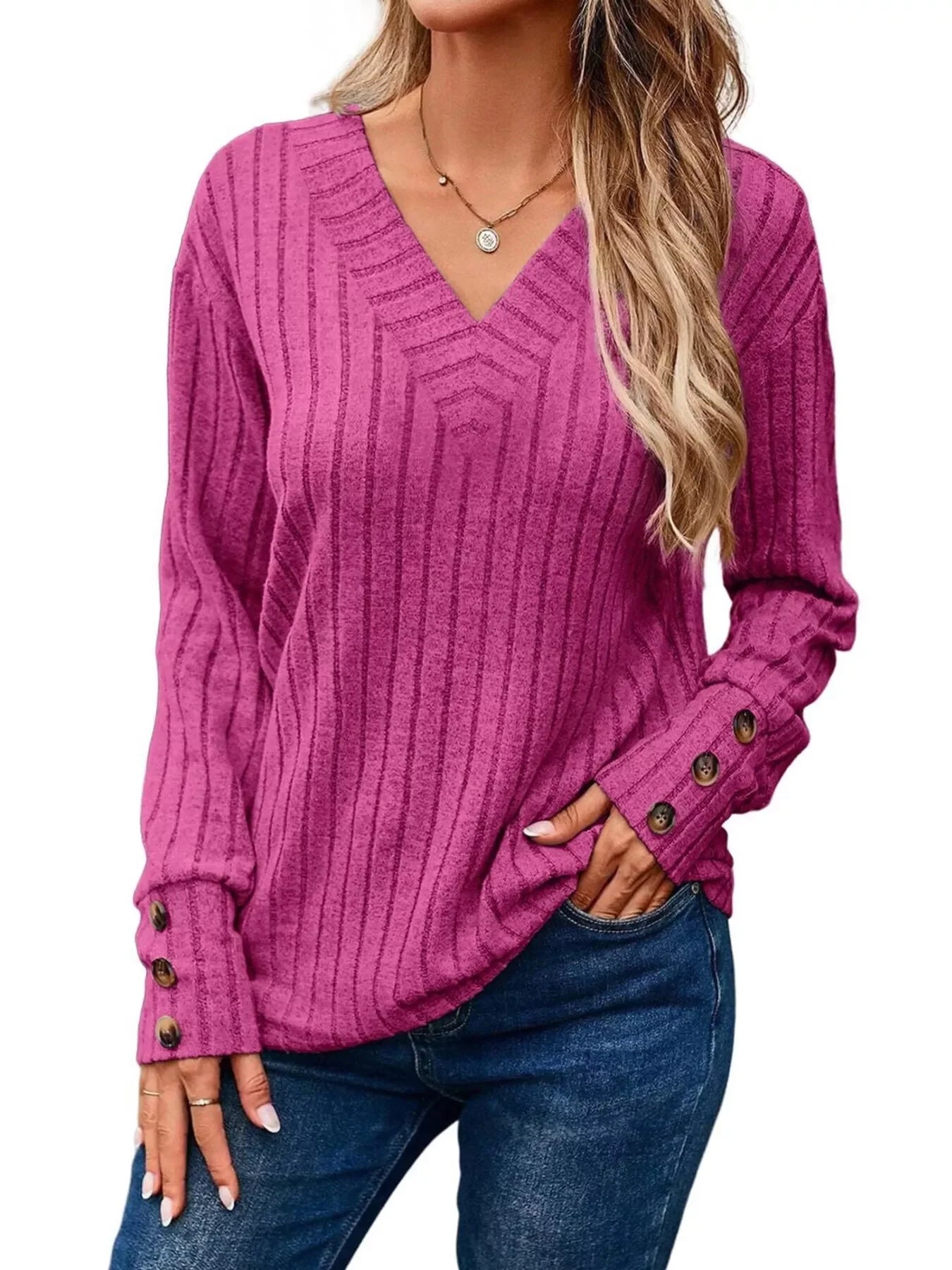 Ribbed V-Neck Long Sleeve Buttoned Stretchy Top - Southern Shores Clothing