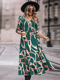 Perfee Printed Smocked V-Neck Three-Quarter Sleeve Midi Dress - Southern Shores Clothing