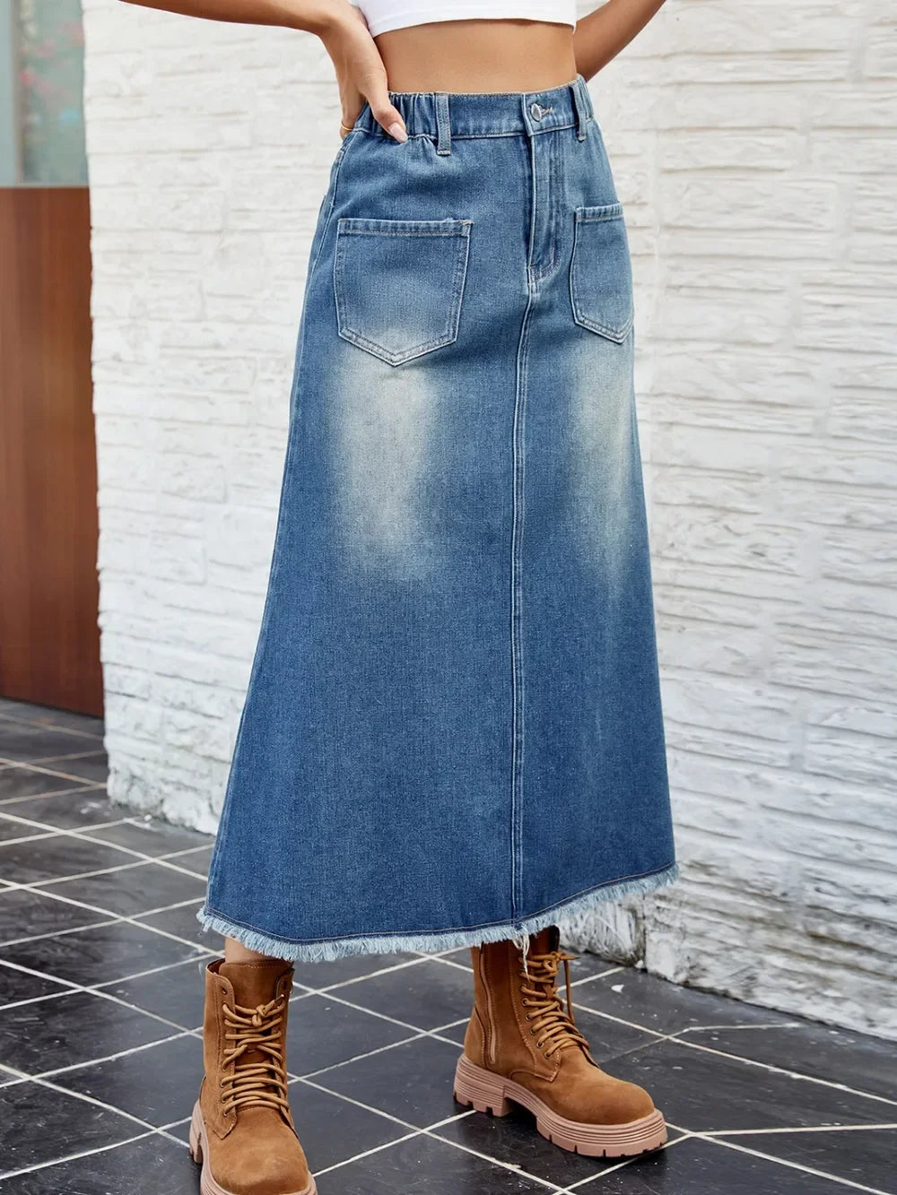 Raw Hem Denim Buttoned Skirt With Pockets - Southern Shores Clothing