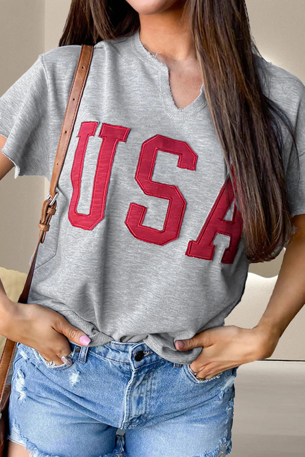Heather Gray USA Notched Short Sleeve Women's T-Shirt
