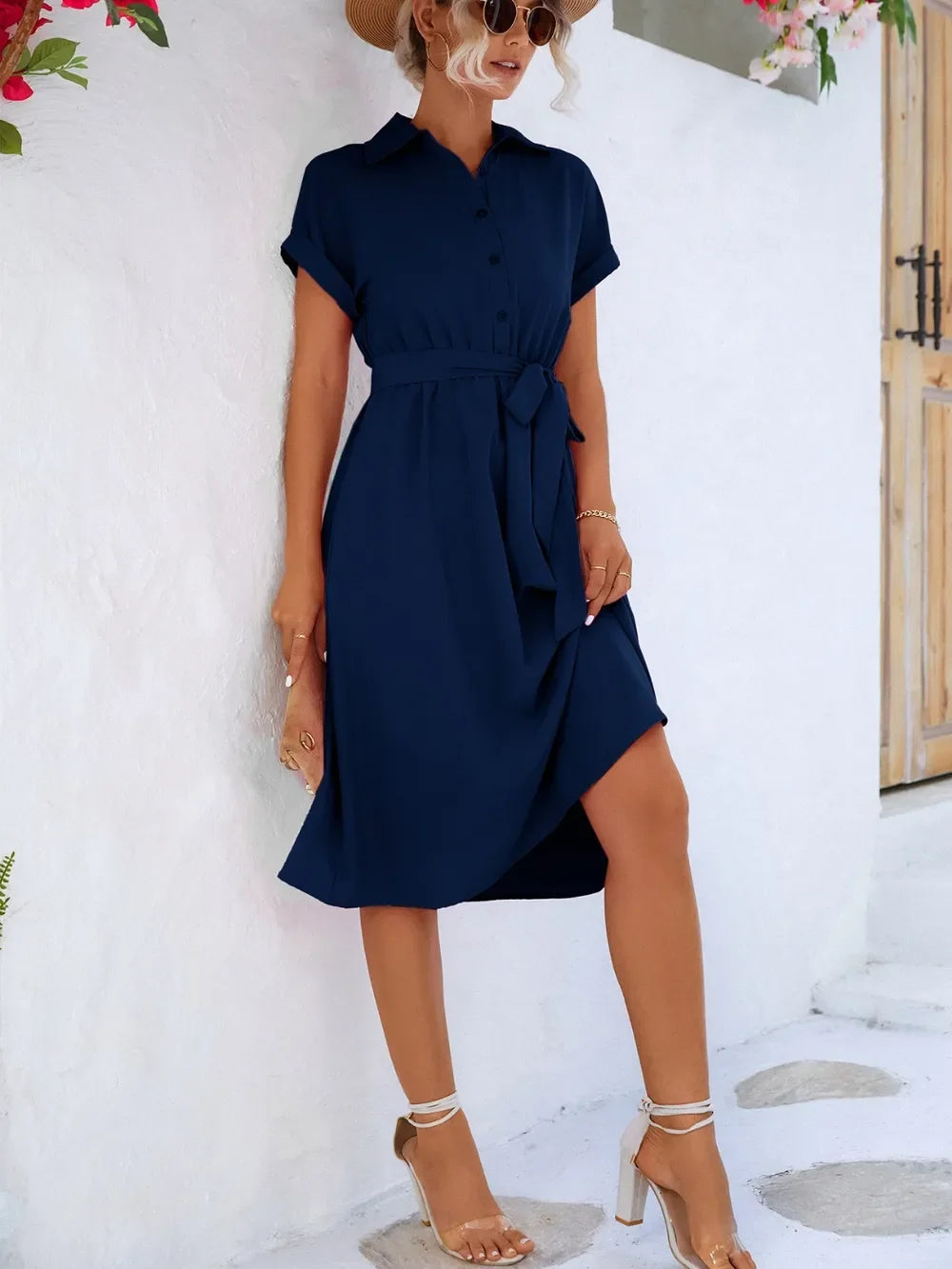 Buttoned Tie Waist Short Sleeve Dress - Southern Shores Clothing