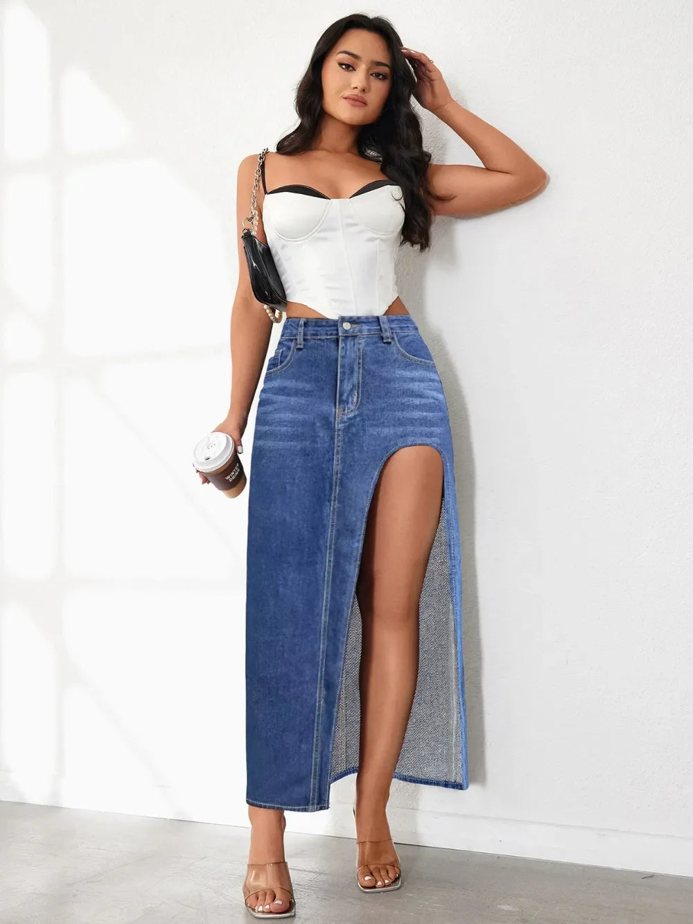 Classic High Rise Slit Denim Skirt With Flattering Fit - Southern Shores Clothing