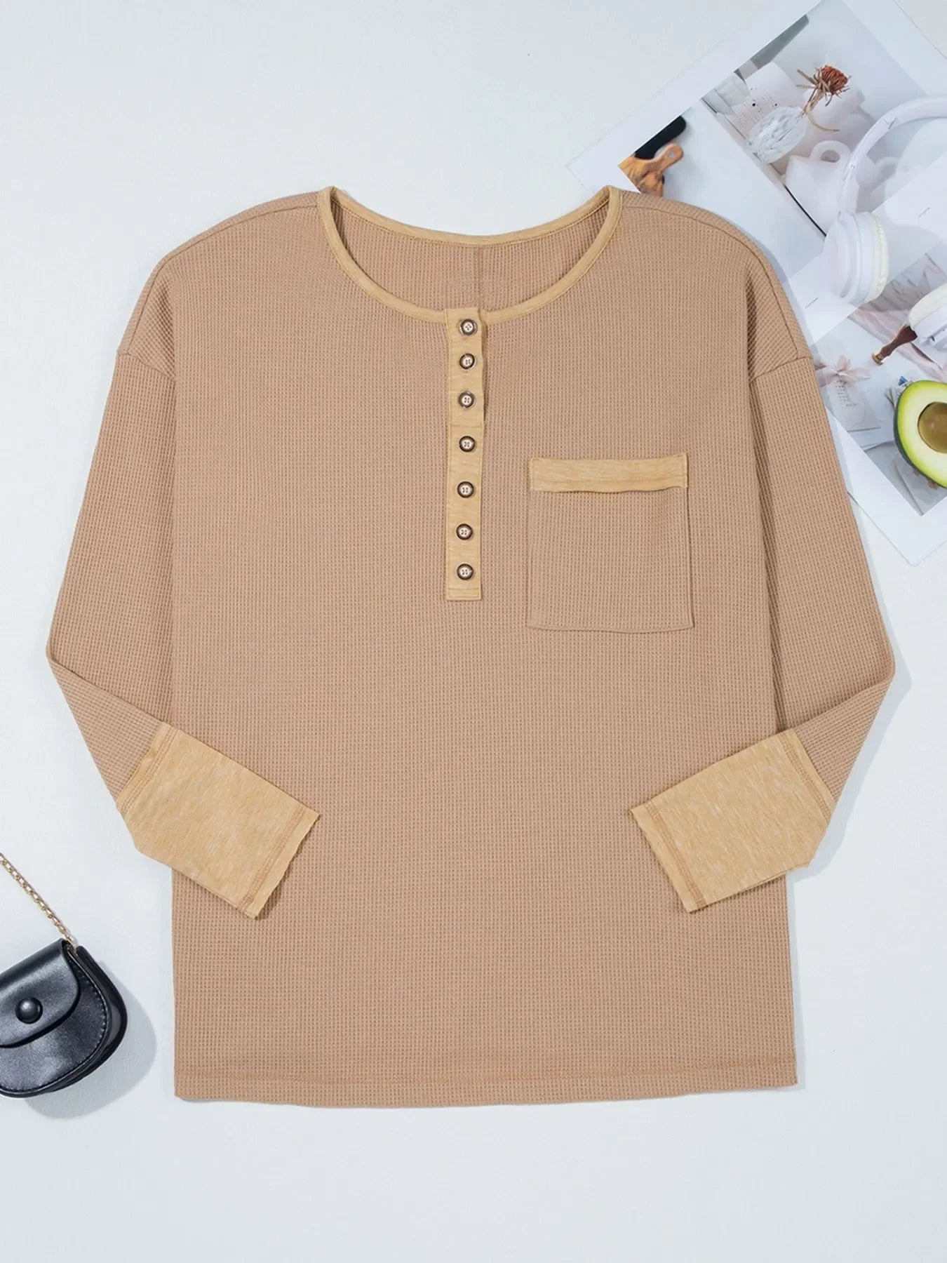 Waffle Knit Henley Top With Pockets And Slits - Southern Shores Clothing