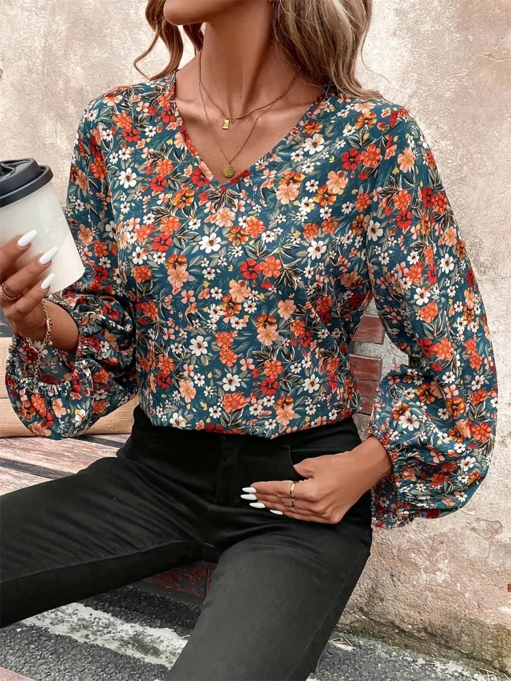 Printed V-Neck Balloon Sleeve Casual Blouse - Southern Shores Clothing