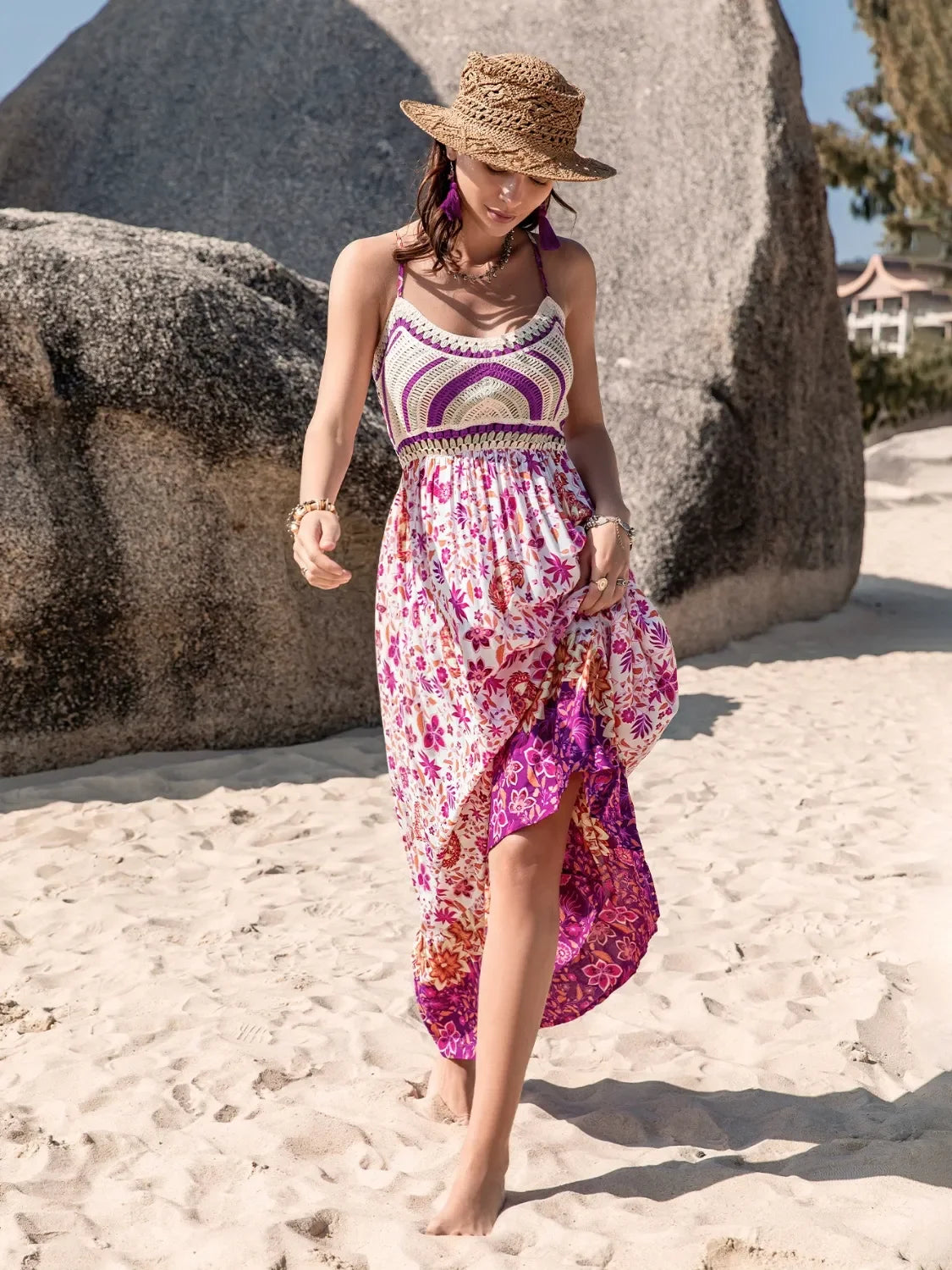 Printed Scoop Neck Cami Maxi Dress With Ruched Bodice Print - Southern Shores Clothing