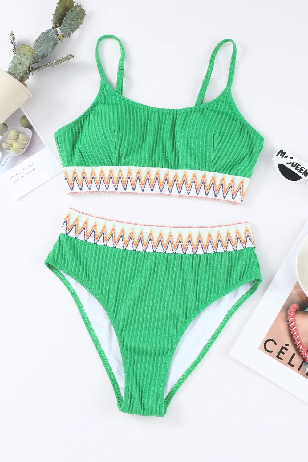 Textured Contrast Banding High Waist Bikini Set Two Piece - Southern Shores Clothing