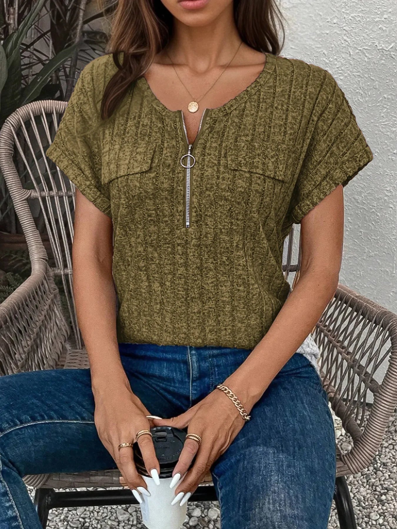 Zip-Front Ribbed Short Sleeve T-Shirt Coastal Style - Southern Shores Clothing