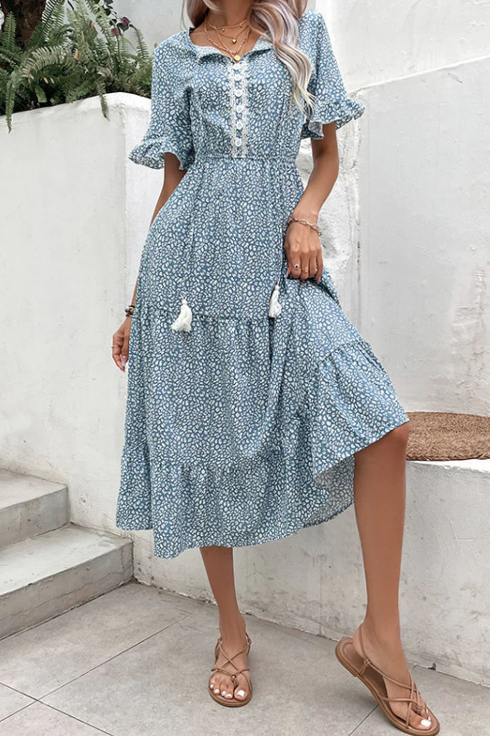 Leopard Print Tassel Tie Flounce Sleeve Dress - Southern Shores Clothing