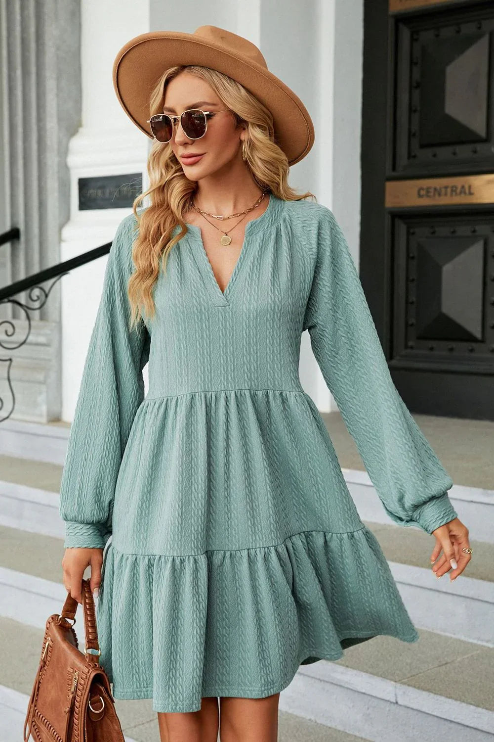 Notched Neck Long Sleeve Mini Dress - Southern Shores Clothing