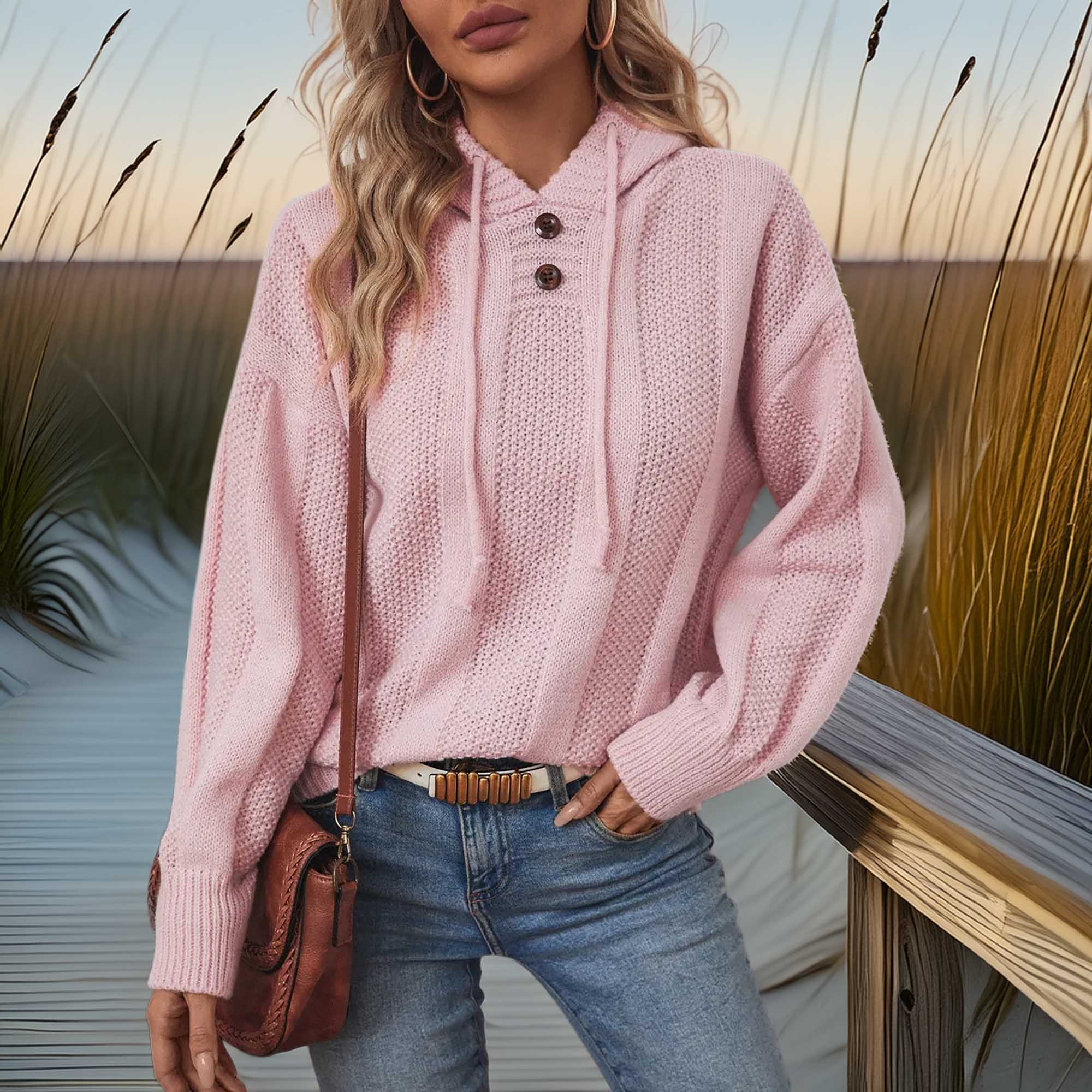 Southern Shores Women's Drawstring Hooded Sweater with Decorative Buttons