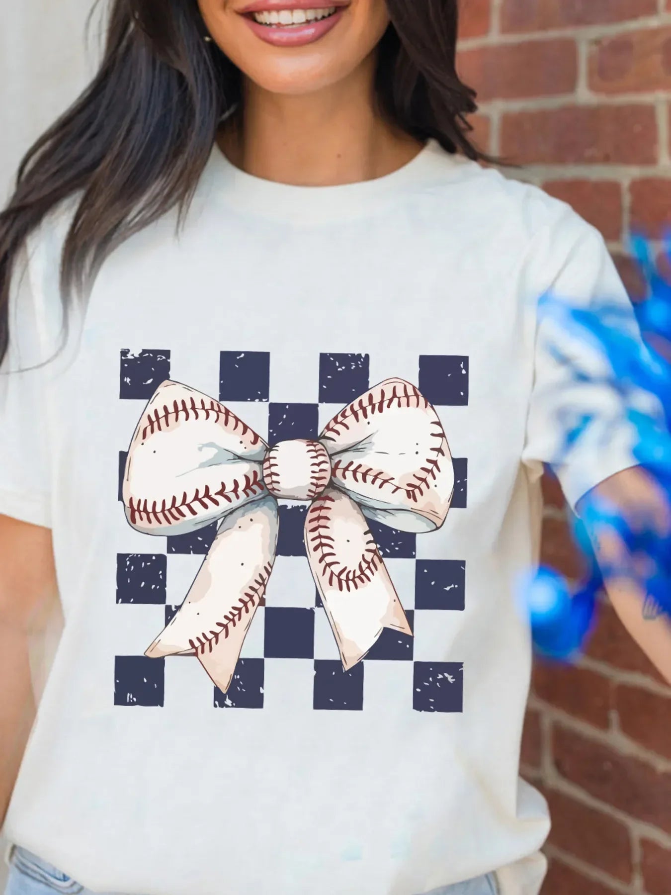 Checkered Bowknot Graphic Crew Neck T Shirt - Southern Shores Clothing