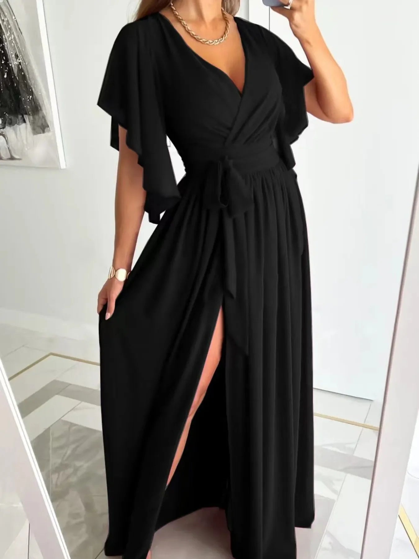 Flutter Sleeve Surplice Tie Waist Dress Silhouette - Southern Shores Clothing