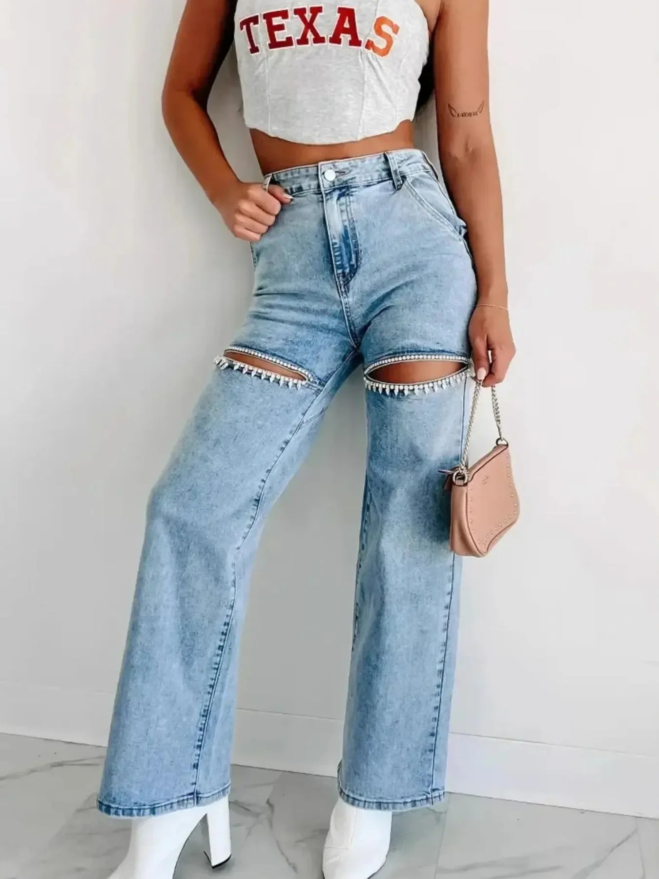 High Waist Cutout Wide Leg Denim Jeans Nautical Style - Southern Shores Clothing