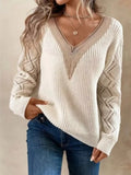 Openwork V-Neck Long Sleeve Sweater With Lace - Southern Shores Clothing