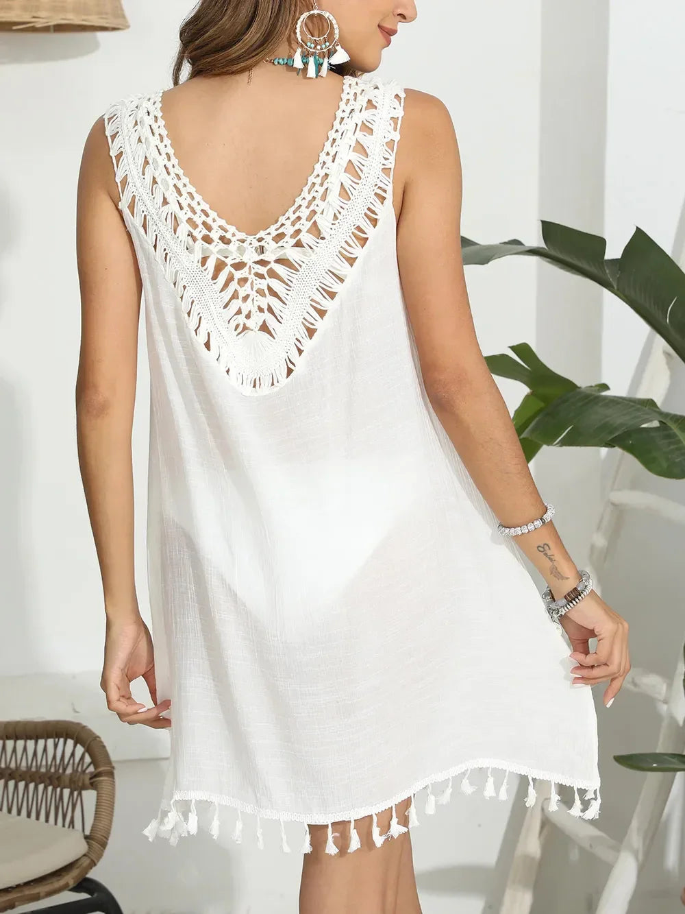 Tassel Cutout Scoop Neck Wide Strap Cover Up One Size - Southern Shores Clothing