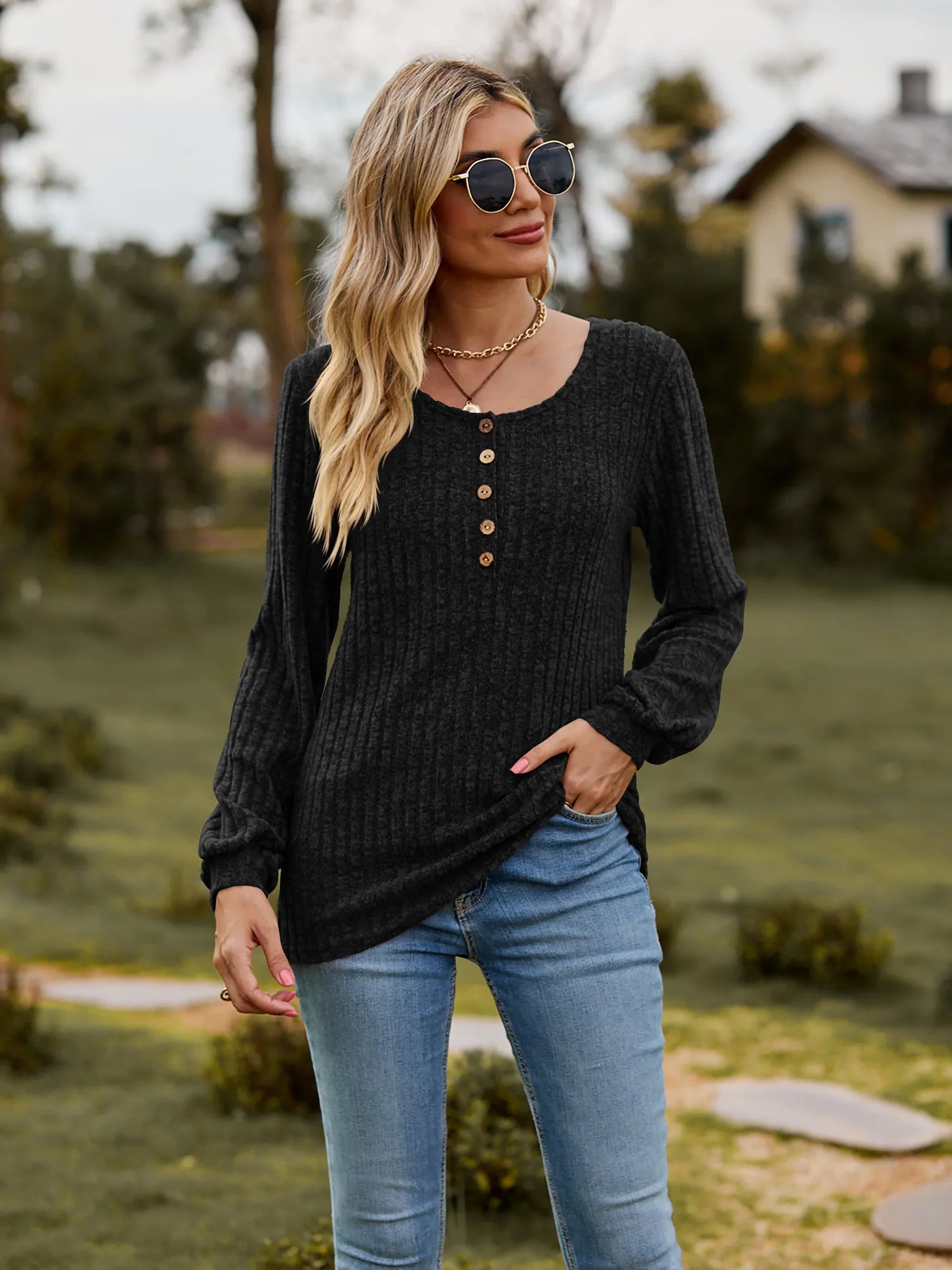 Stretchy Heathered Round Neck Button-Down Long Sleeve Tee - Southern Shores Clothing