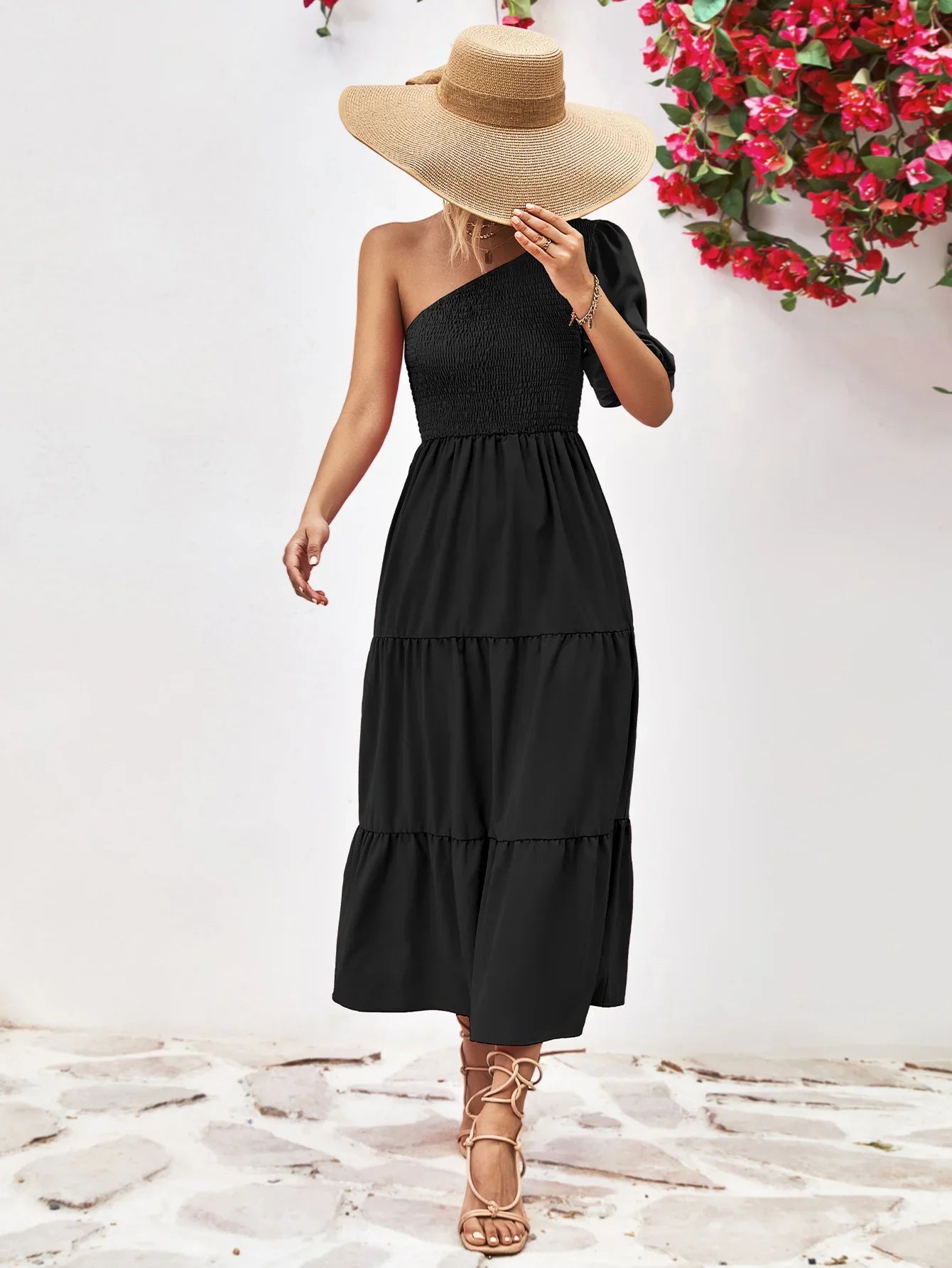 Smocked One-Shoulder Midi Dress Silhouette - Southern Shores Clothing