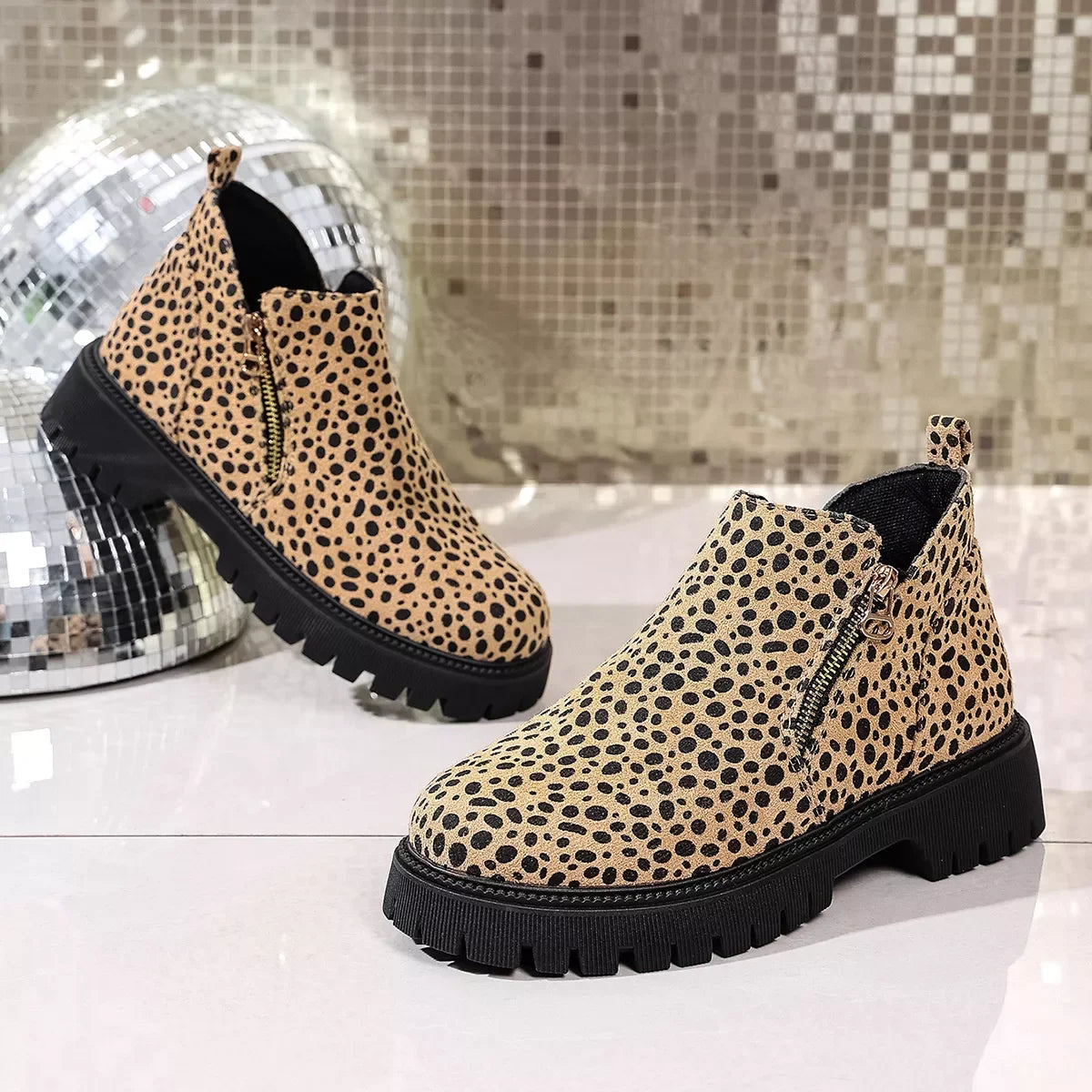 Leopard Platform Boots With Side Zip Mid Heel - Southern Shores Clothing
