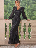 Sequin V-Neck Lantern Sleeve Evening Maxi Dress - Southern Shores Clothing