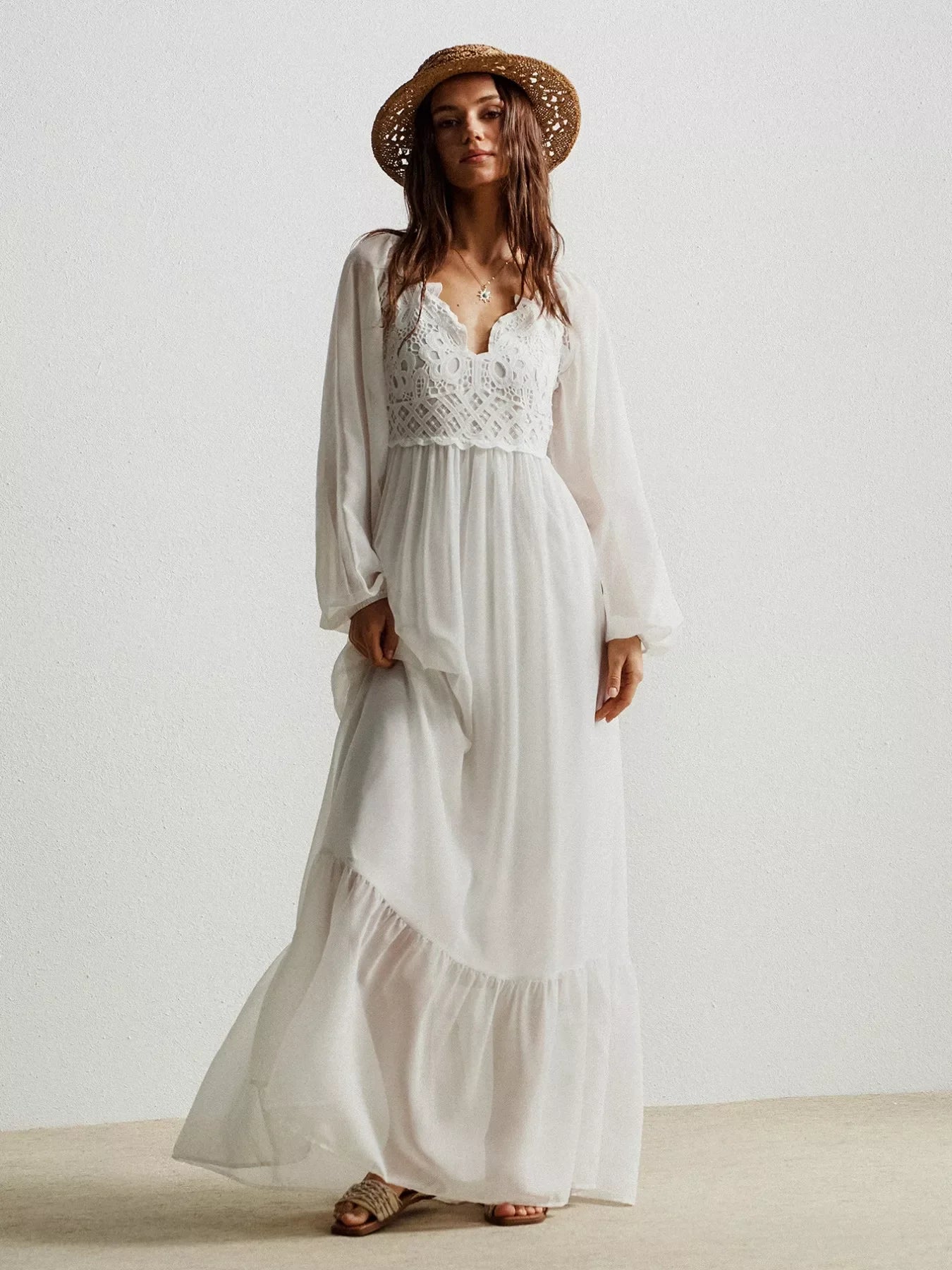 Boho Crochet Lace Maxi Dress With Smocked Bodice - Southern Shores Clothing