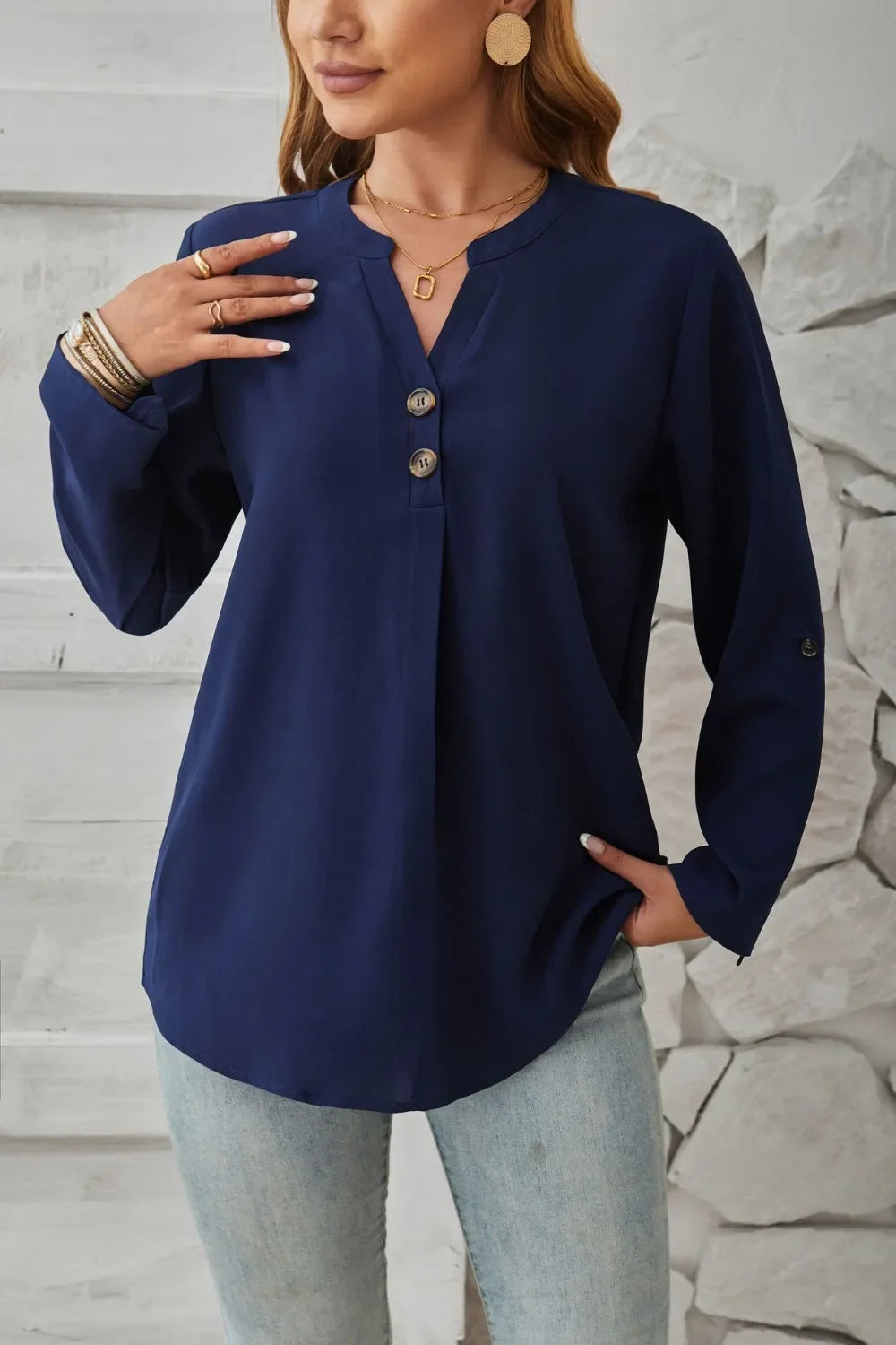 Decorative Button Notched Long Sleeve Blouse - Southern Shores Clothing