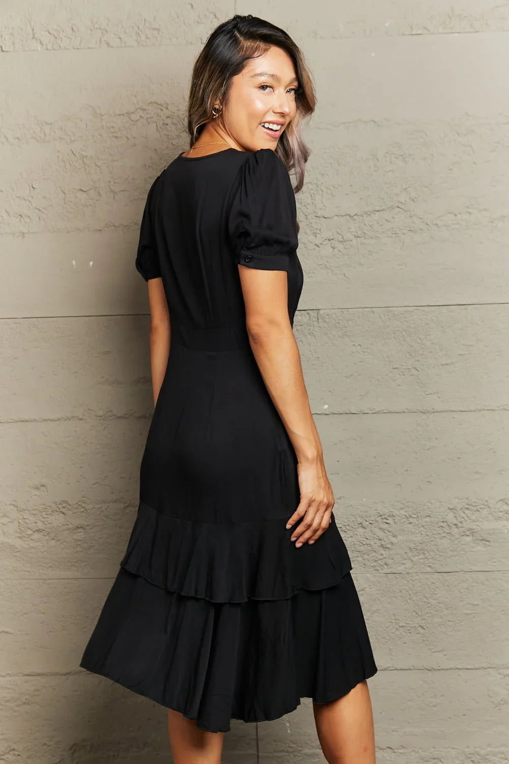 Decorative Button Surplice Ruffle Hem Dress - Southern Shores Clothing