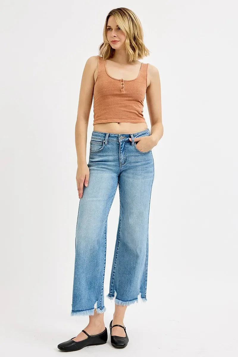 Plus Size Mid Rise Crop Wide Leg Denim Jeans With Stretch - Southern Shores Clothing