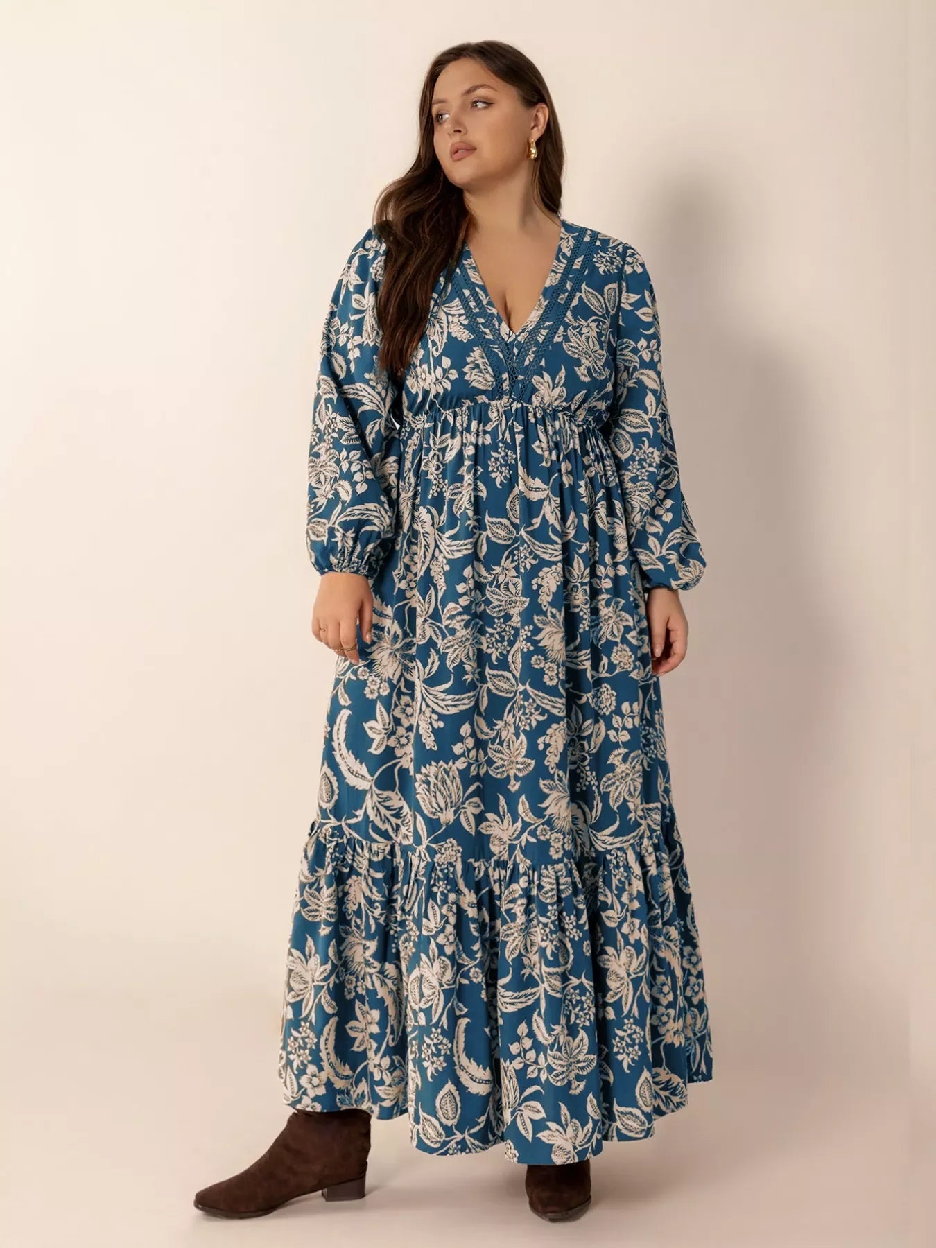 Plus Size Boho Floral Print Long Sleeve Maxi Dress - Southern Shores Clothing