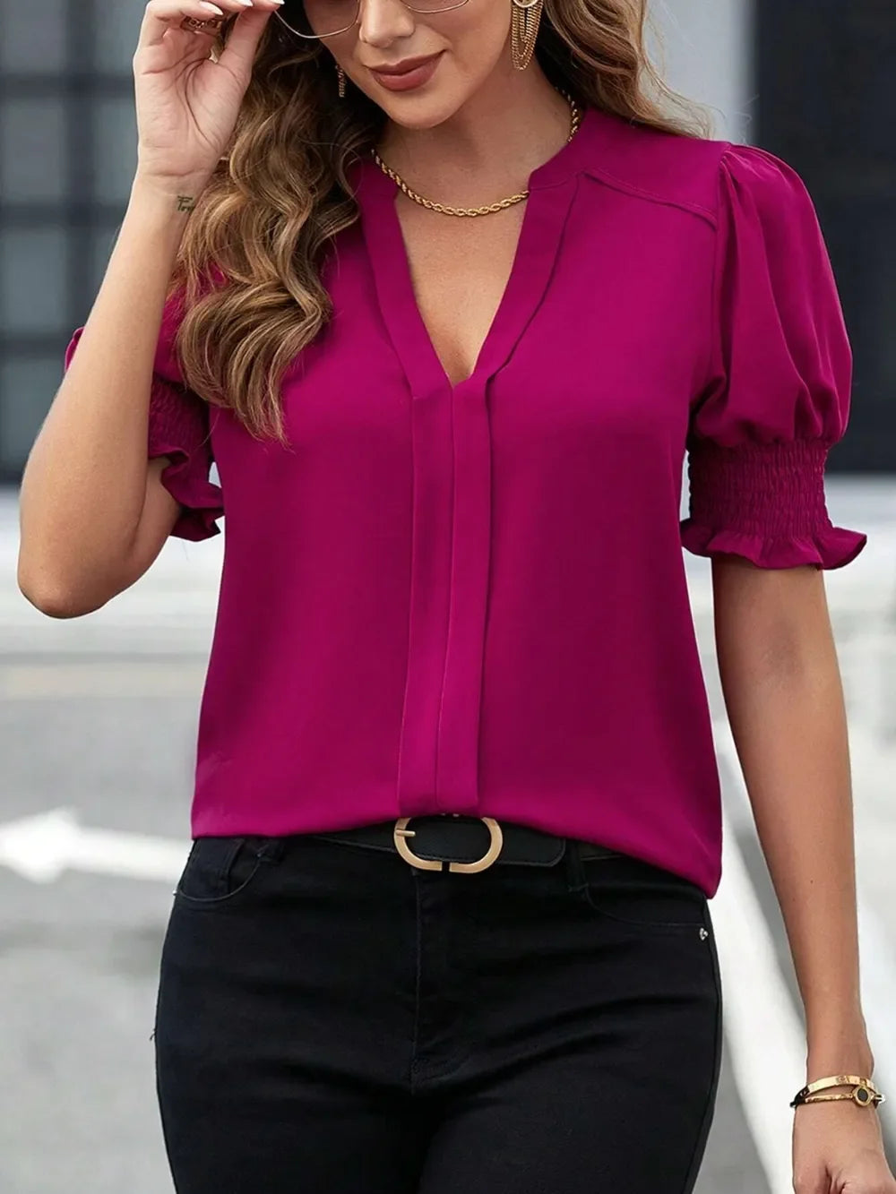 Southern Shores Clothing Notched Short Sleeve Polyester Blouse For Everyday Comfort And Style - Southern Shores Clothing