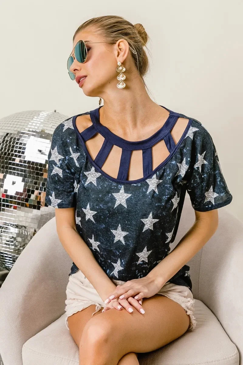 Vintage Star Print Tee With Contrast Caged Neck - Southern Shores Clothing