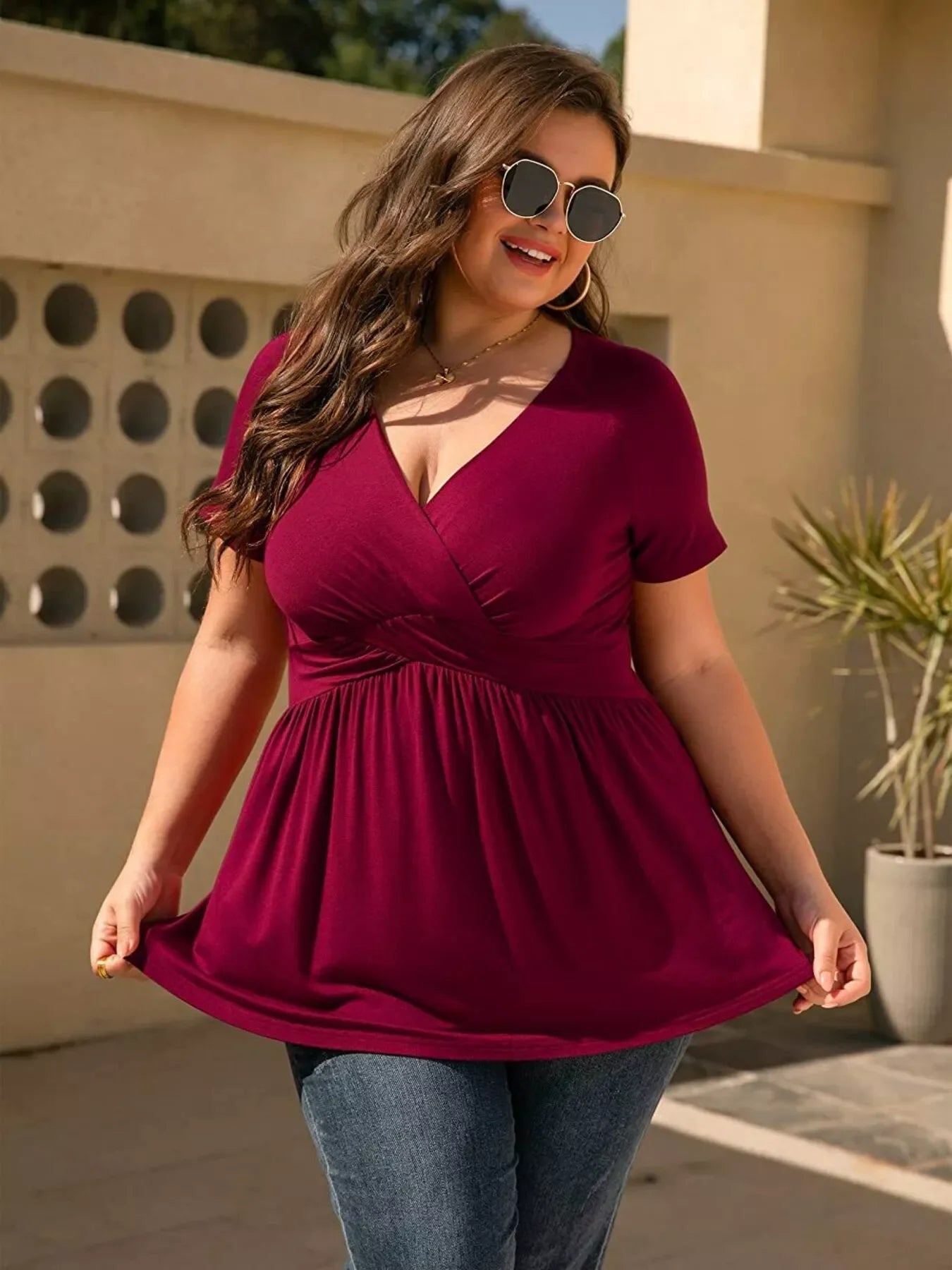 Plus Size Stretch Surplice Short Sleeve T Shirt - Southern Shores Clothing
