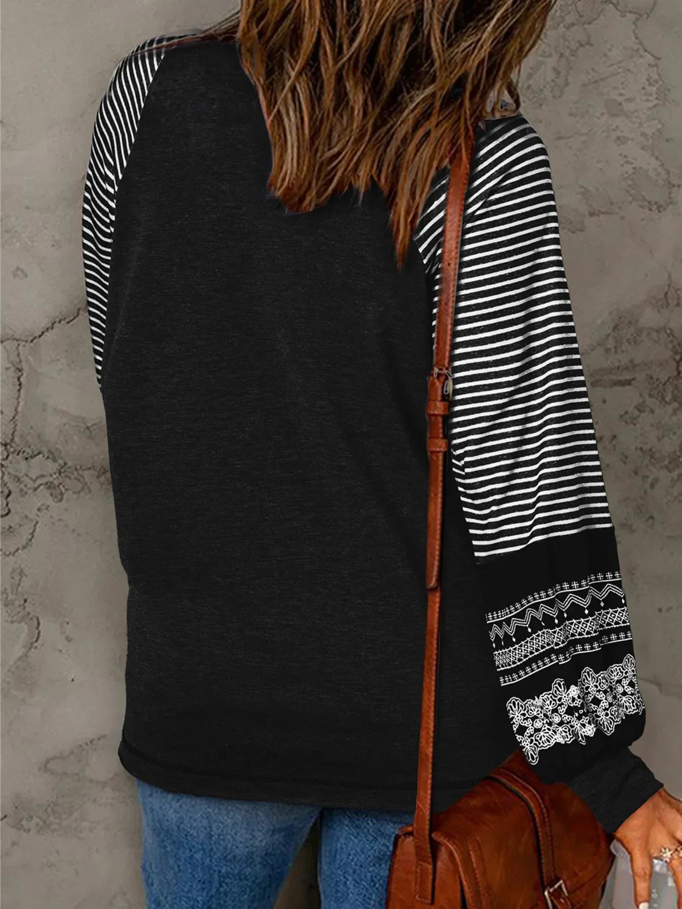 Contrast Print Striped Raglan Long Sleeve Loose Top - Southern Shores Clothing