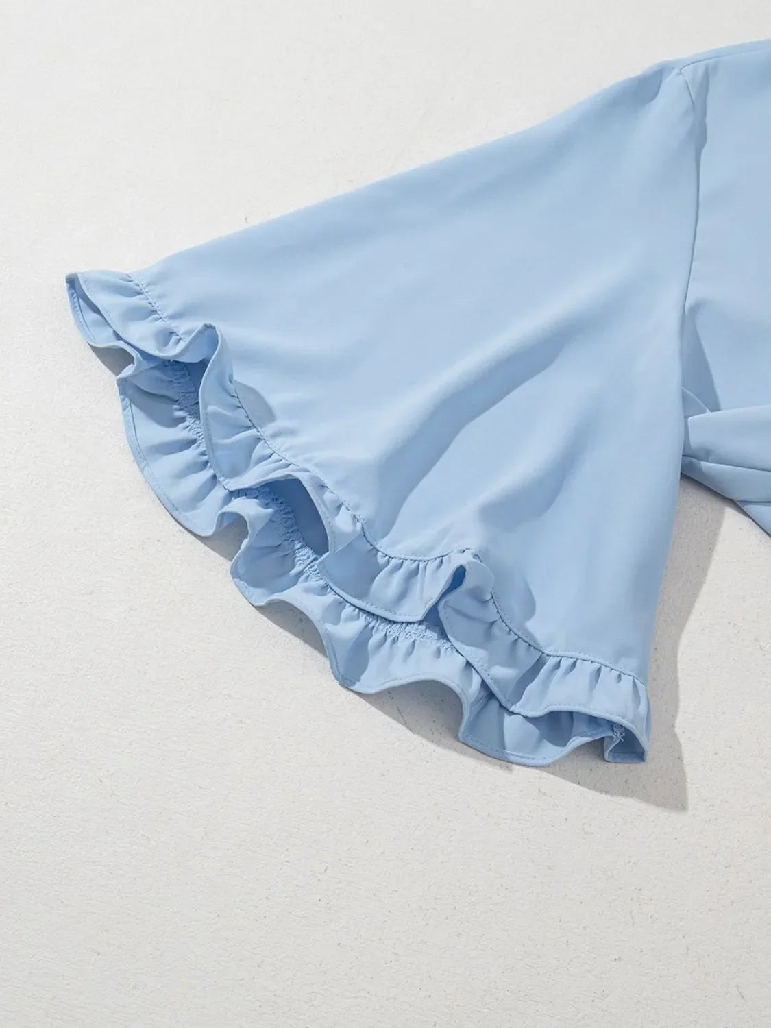 Frill Solid Round Neck Half Sleeve Blouse Polyester - Southern Shores Clothing