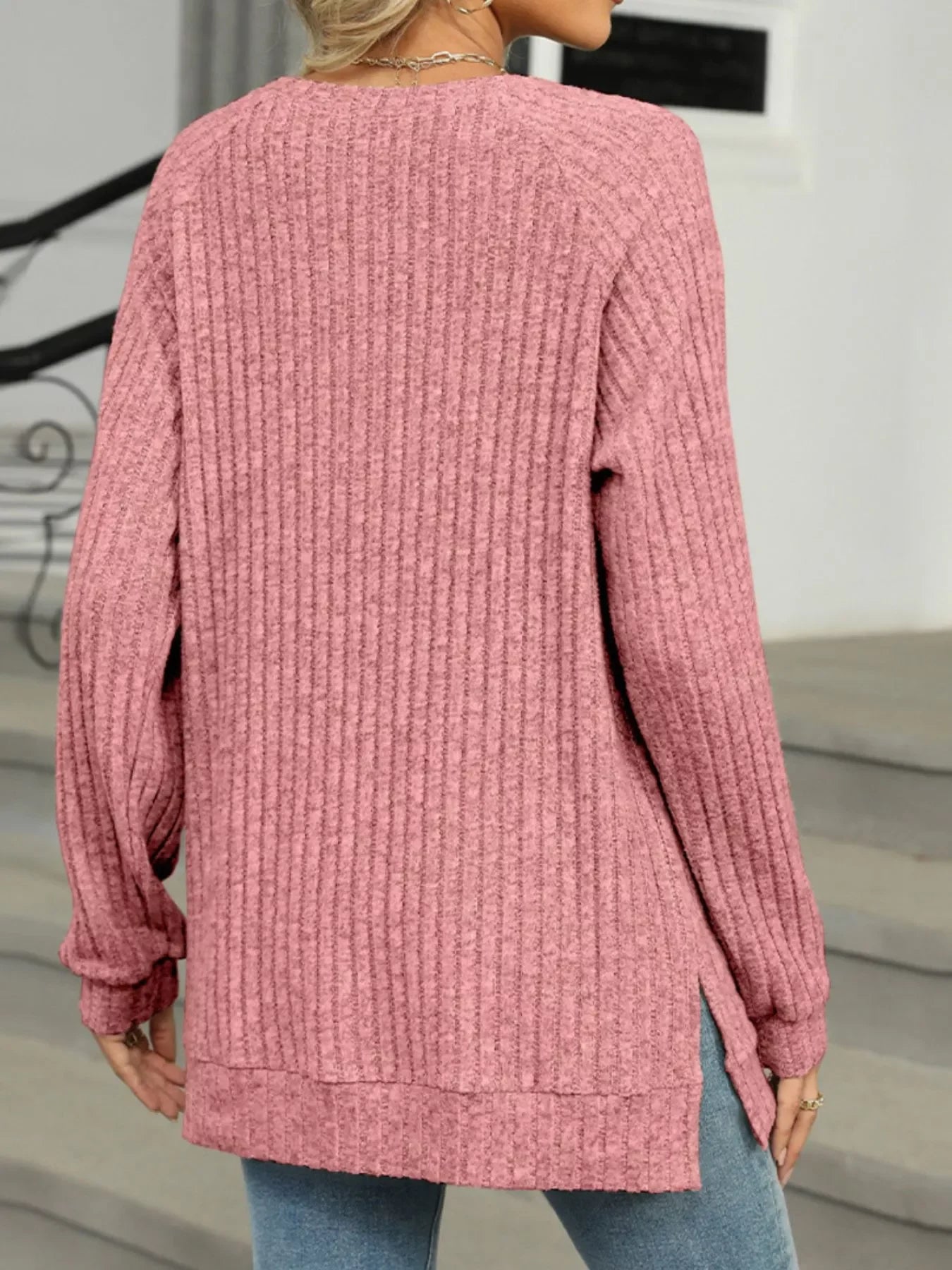 Round Neck Side Slit Ribbed Knit Top with Asymmetric Button Detail - Southern Shores Clothing