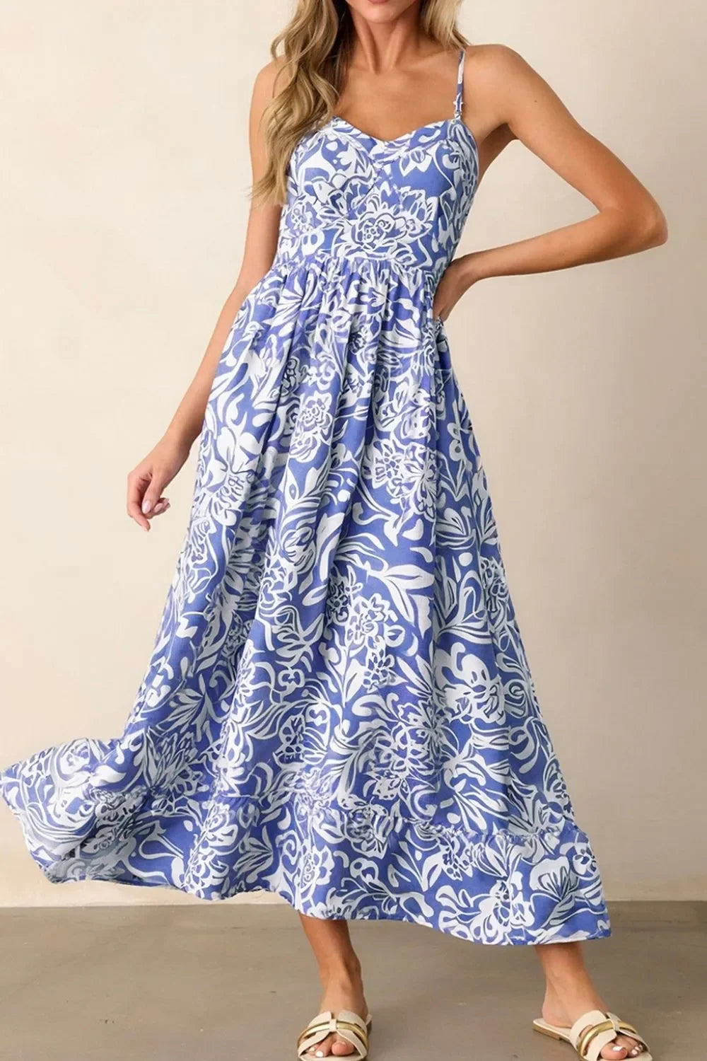 Floral Print Spaghetti Strap High Waist Midi Dress Tiered Hem - Southern Shores Clothing