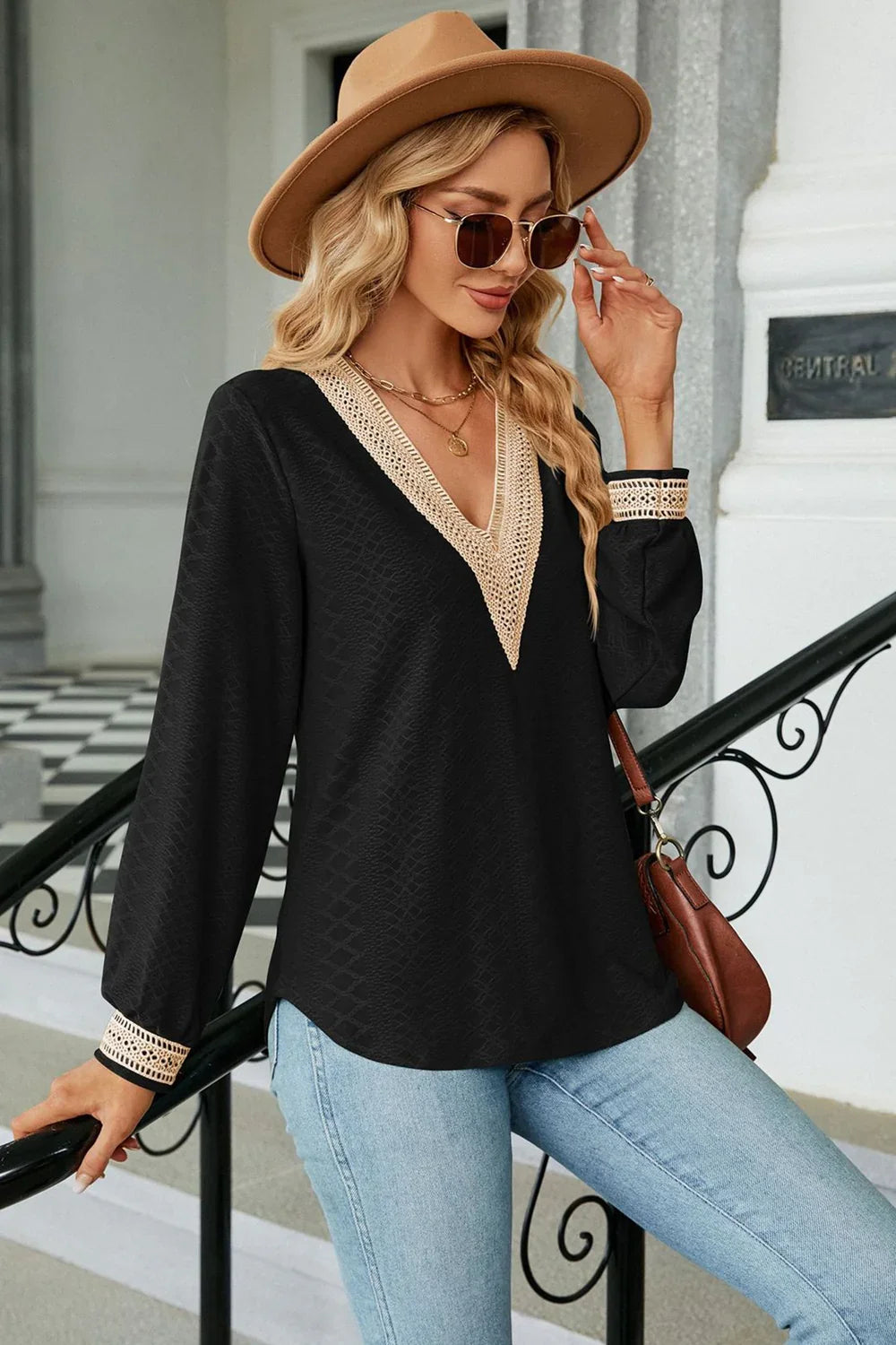 Southern Shores Clothing V-Neck Long Sleeve Lace Rayon Blouse For Casual And Sophisticated Everyday Wear - Southern Shores Clothing