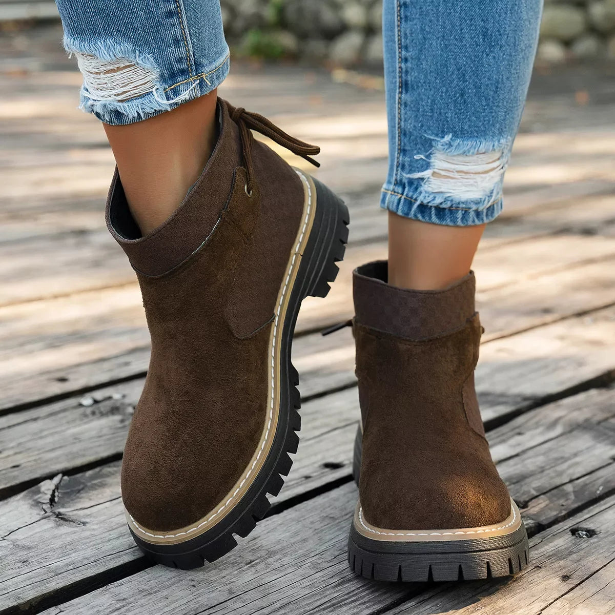 Round Toe Platform Boots Suede Rubber Mid Heel - Southern Shores Clothing