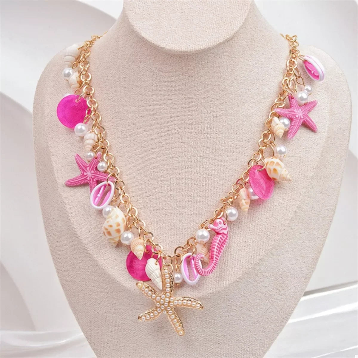 Shell Starfish Ocean Charm Necklace With Adjustable Chain