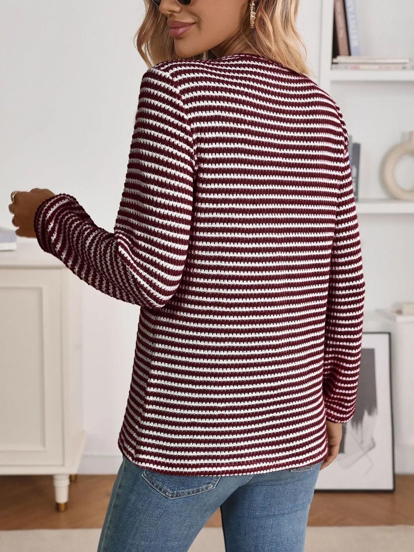 Striped Button Detail Long Sleeve Top - Southern Shores Clothing
