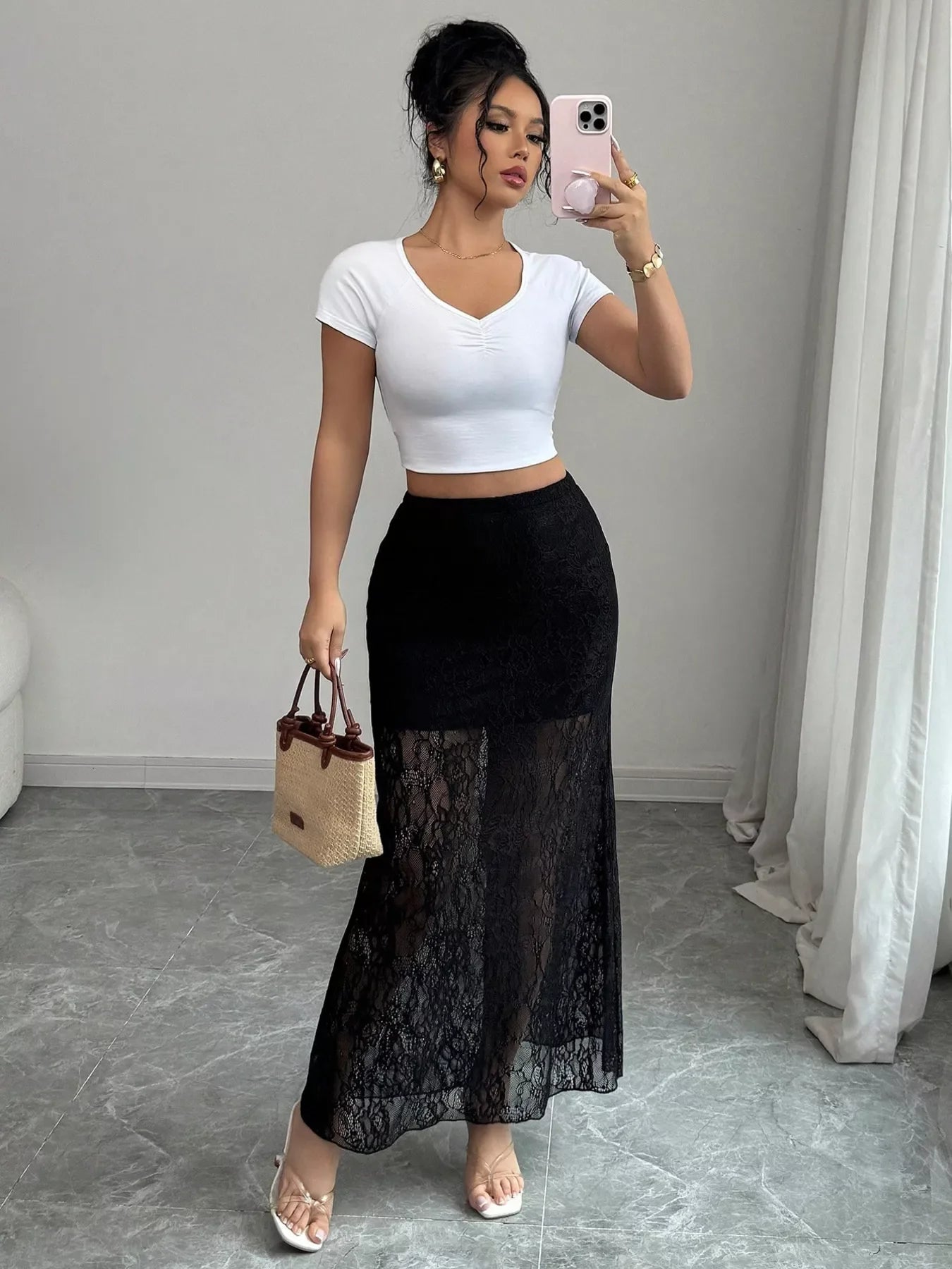 Elegant Lace Maxi Skirt With Sheer Slit Design - Southern Shores Clothing