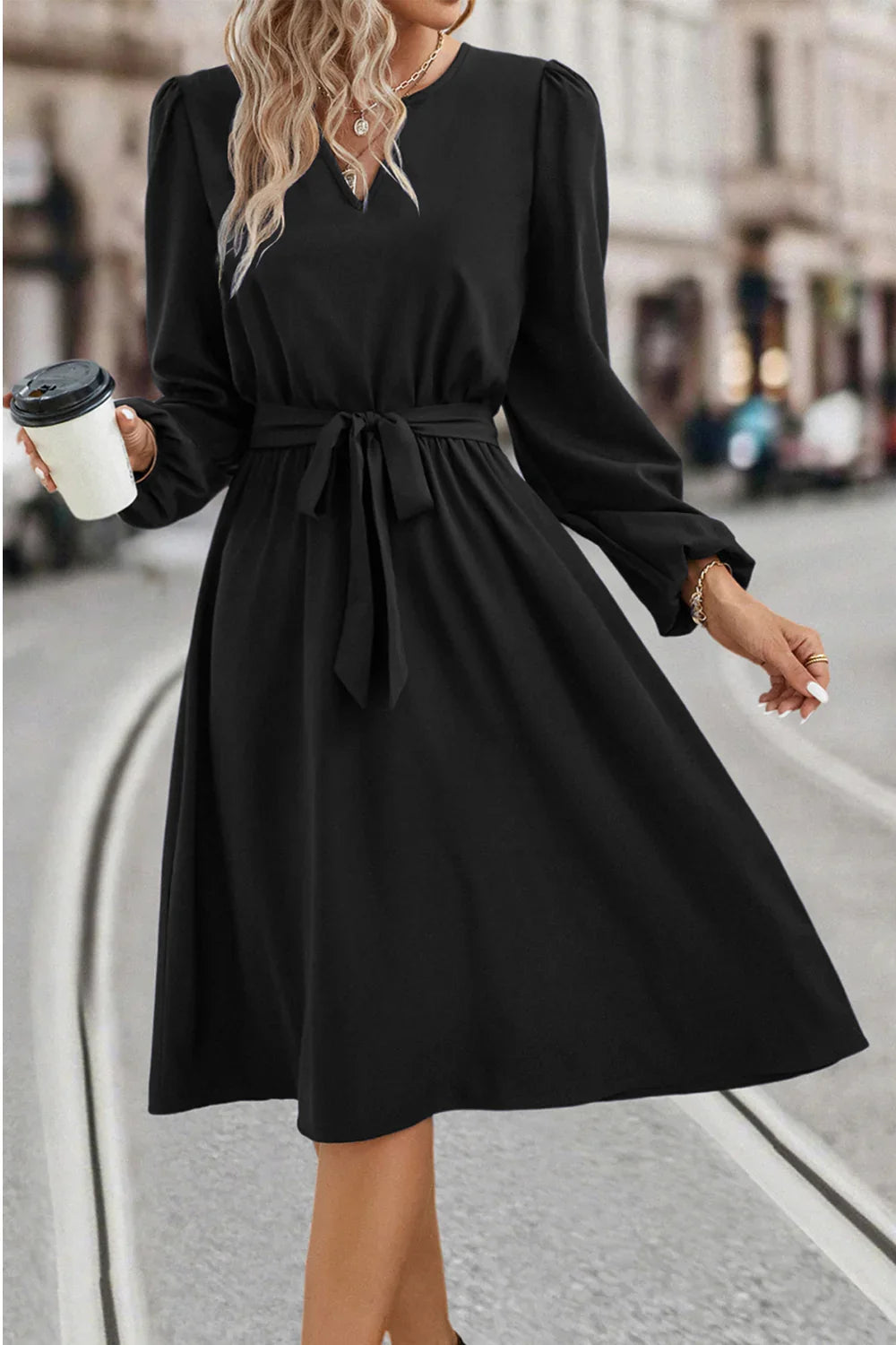 Tie Waist Notched Neck Long Sleeve Dress - Southern Shores Clothing