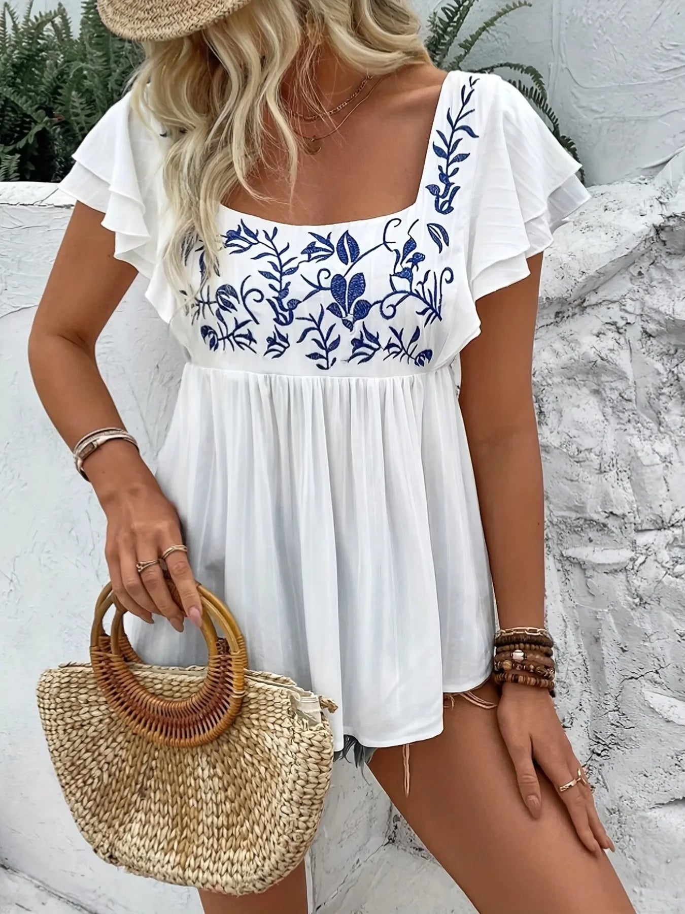 Embroidered Flutter Sleeve Babydoll Blouse - Southern Shores Clothing