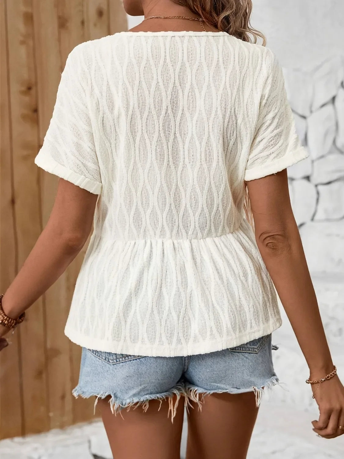 Southern Shores Clothing V-Neck Short Sleeve Polyester Blouse With Decorative Button - Southern Shores Clothing