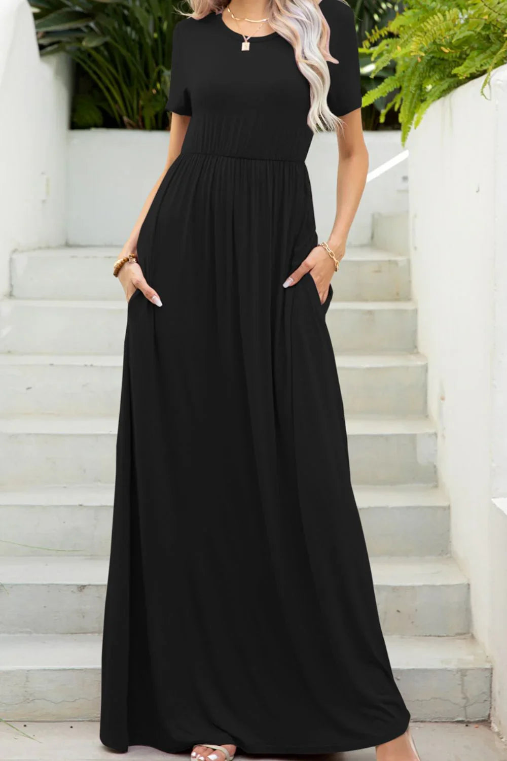 Round Neck Maxi Tee Dress with Pockets - Southern Shores Clothing