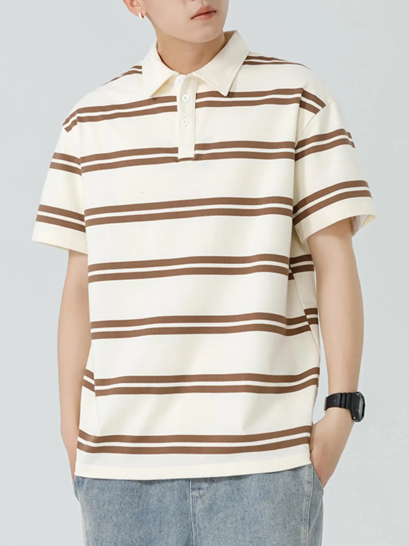 Plus Size Striped Short Sleeve Button Polo - Southern Shores Clothing
