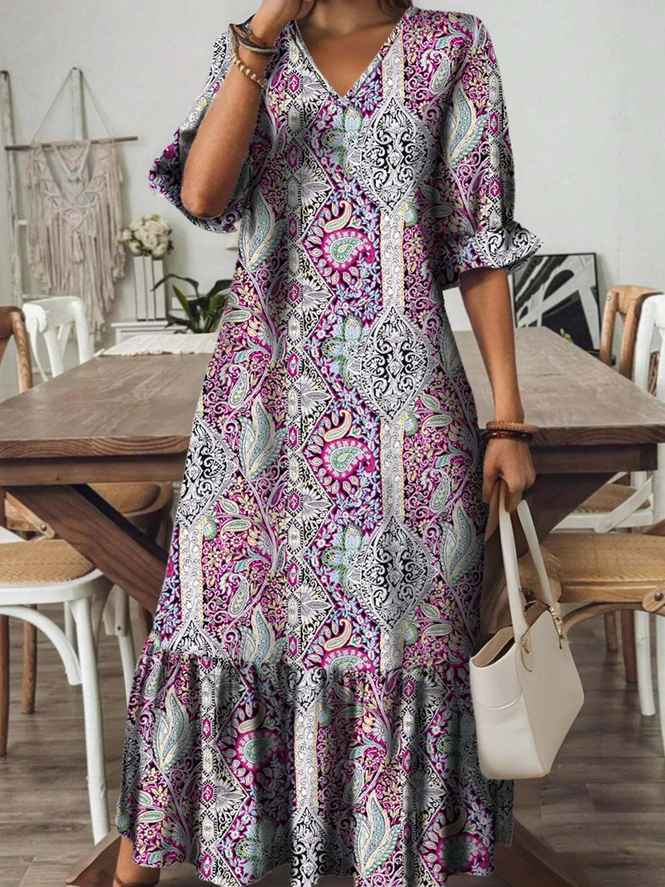 Bohemian Paisley Print V Neck Tiered Midi Dress Pattern - Southern Shores Clothing