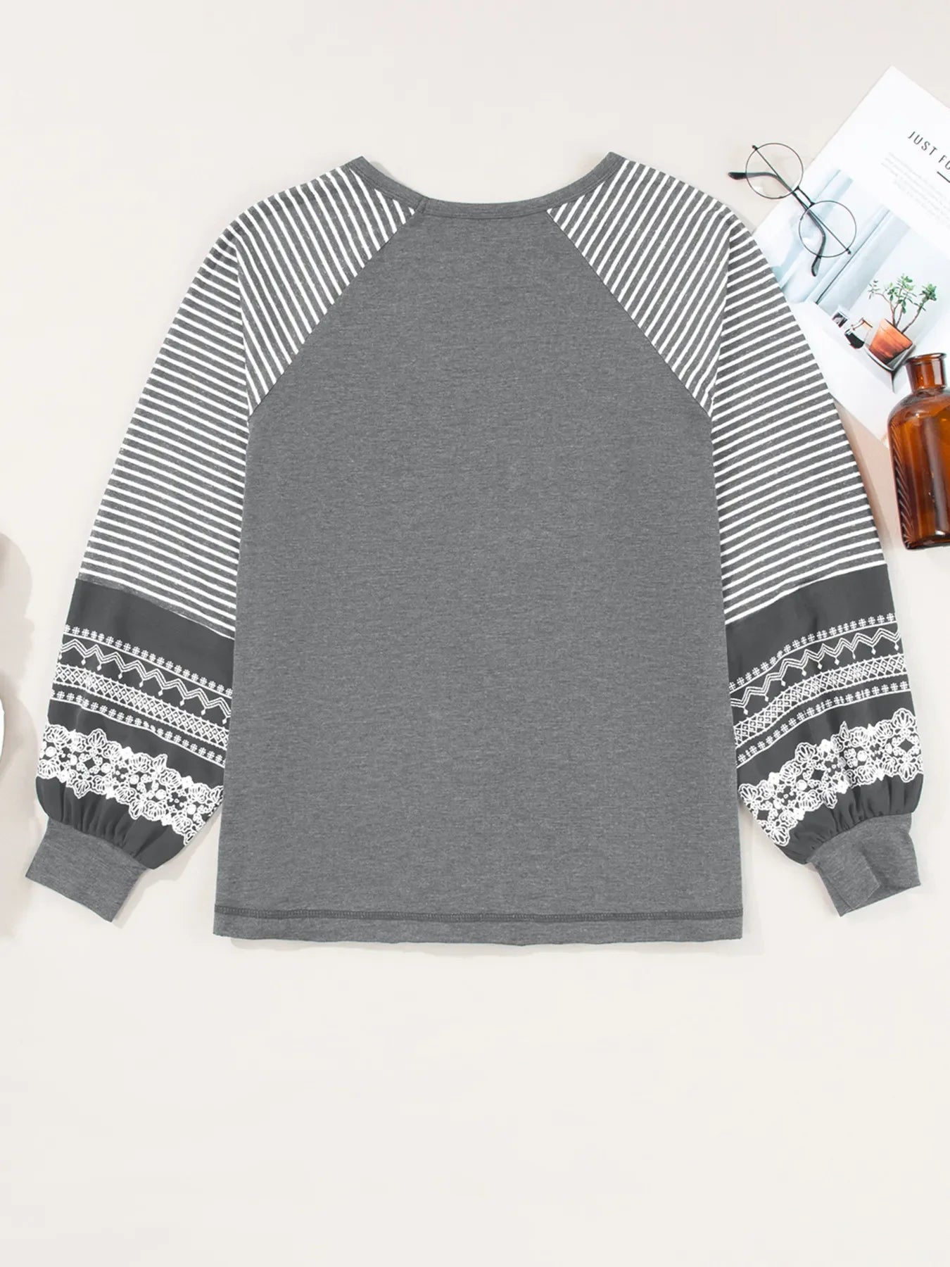 Contrast Print Striped Raglan Long Sleeve Loose Top - Southern Shores Clothing