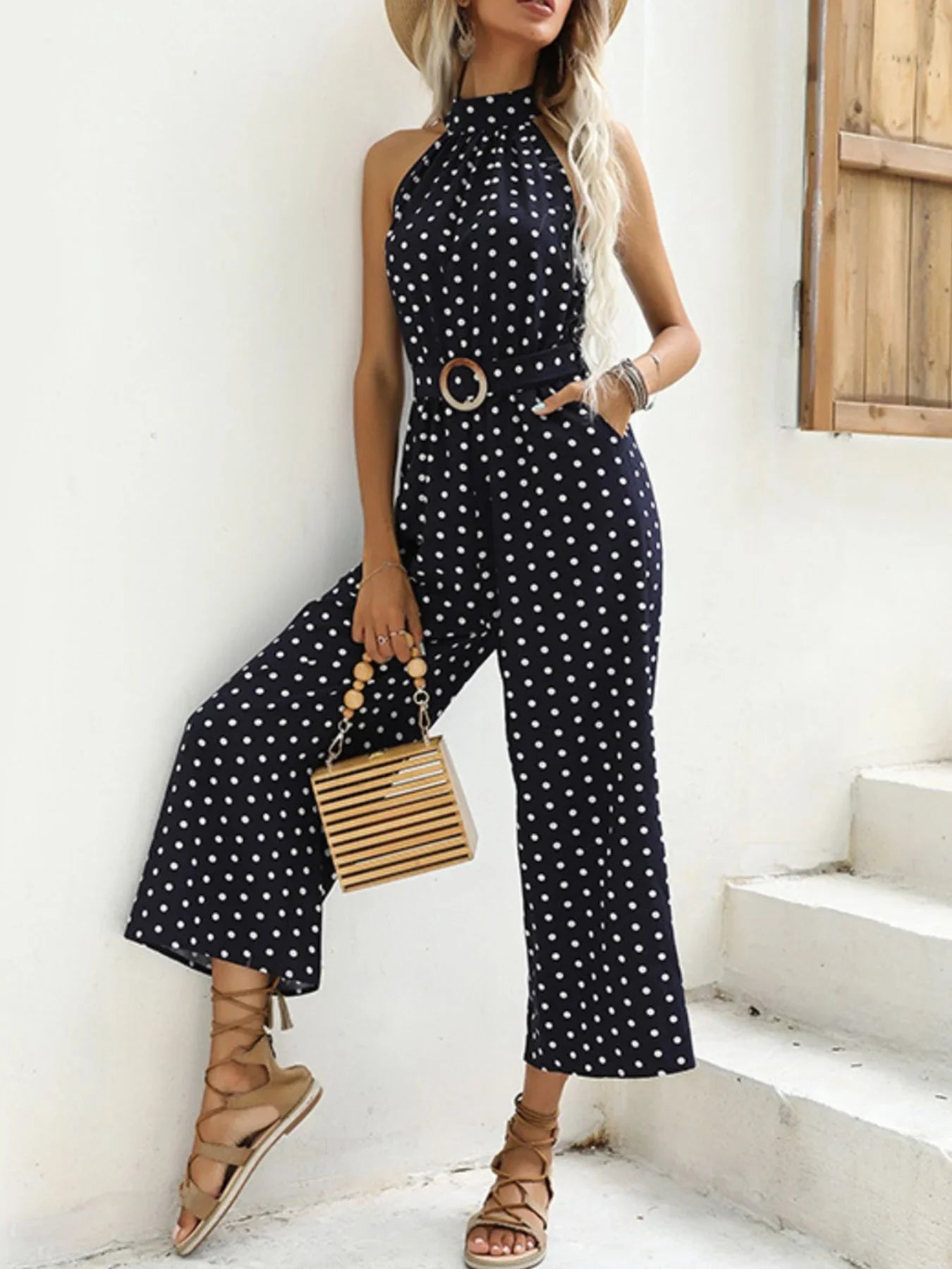 Polka Dot Halter Neck Wide Leg Jumpsuit Style - Southern Shores Clothing